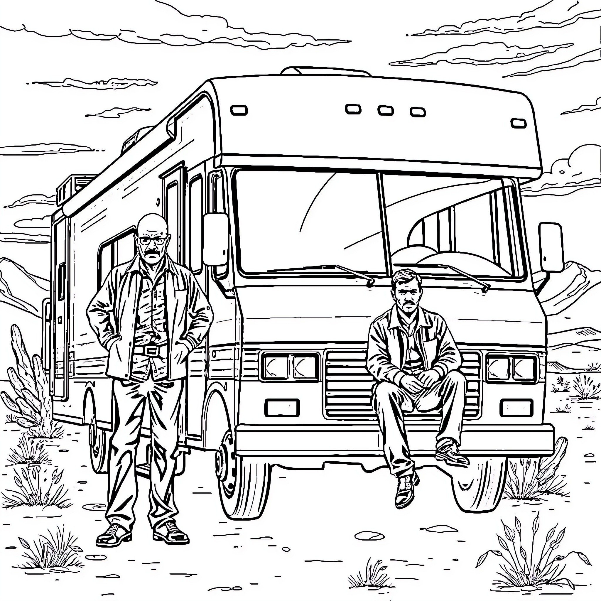 Breaking Bad: Duo's Desert RV Adventure Coloring Page (free black-and-white line drawing printable PDF for all, from beginners to advanced learners, including children, teens, adults, and seniors)