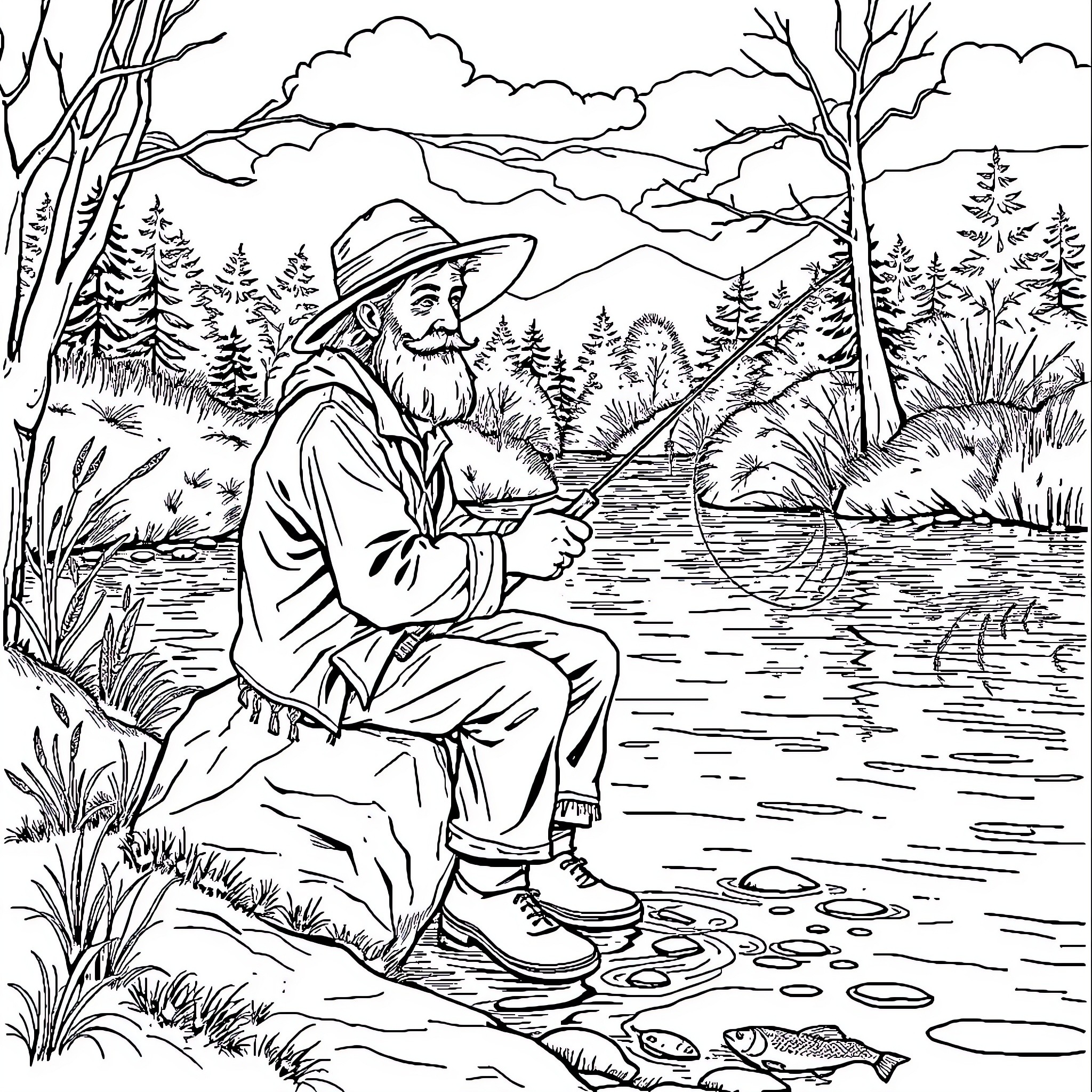 Hobo fishing peacefully by the river in nature Coloring Page (free black-and-white line drawing printable PDF for all, from beginners to advanced learners, including children, teens, adults, and seniors)