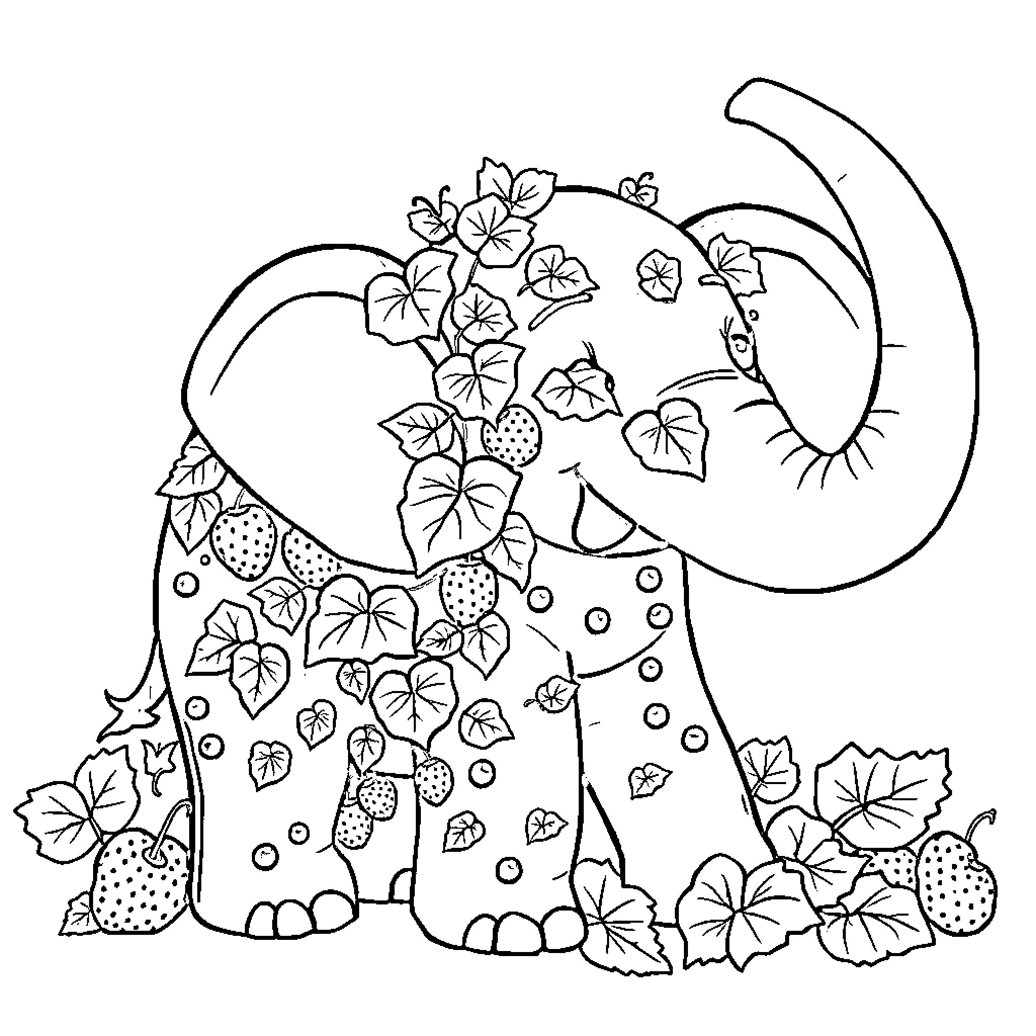 Elephant decorated with floral patterns Coloring Page (free black-and-white line drawing printable PDF for all, from beginners to advanced learners, including children, teens, adults, and seniors)