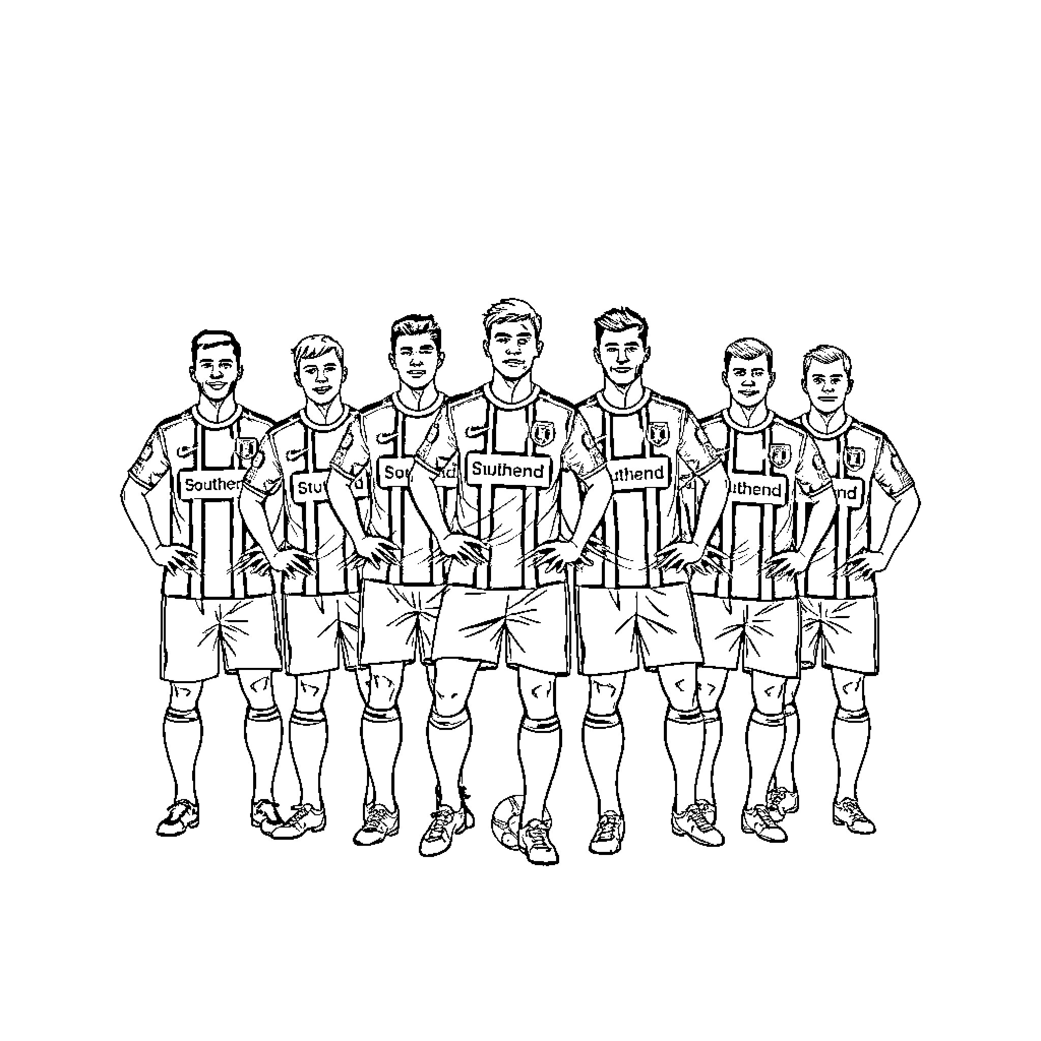 Southend United soccer team posing together Coloring Page (free black-and-white line drawing printable PDF for all, from beginners to advanced learners, including children, teens, adults, and seniors)