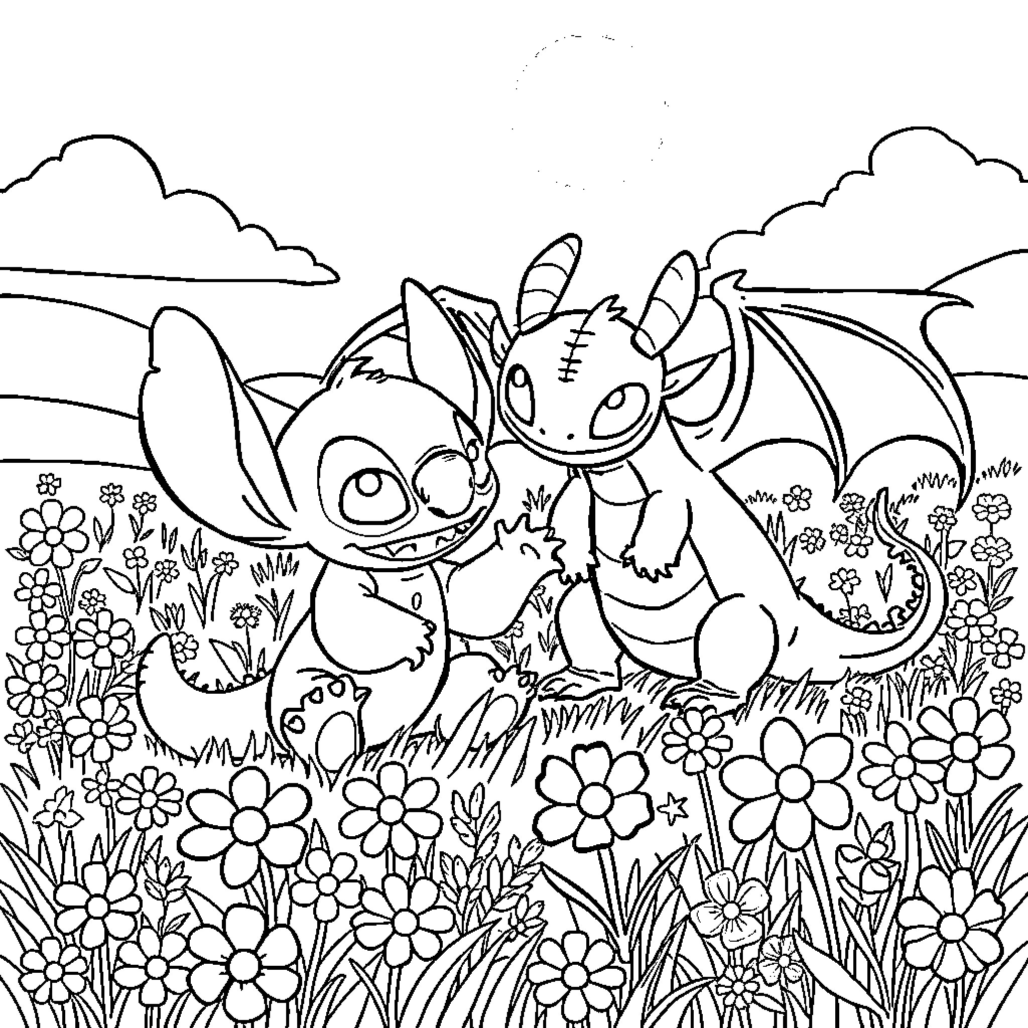 Stitch and Friends Explore the Floral Meadow Coloring Page (free black-and-white line drawing printable PDF for all, from beginners to advanced learners, including children, teens, adults, and seniors)