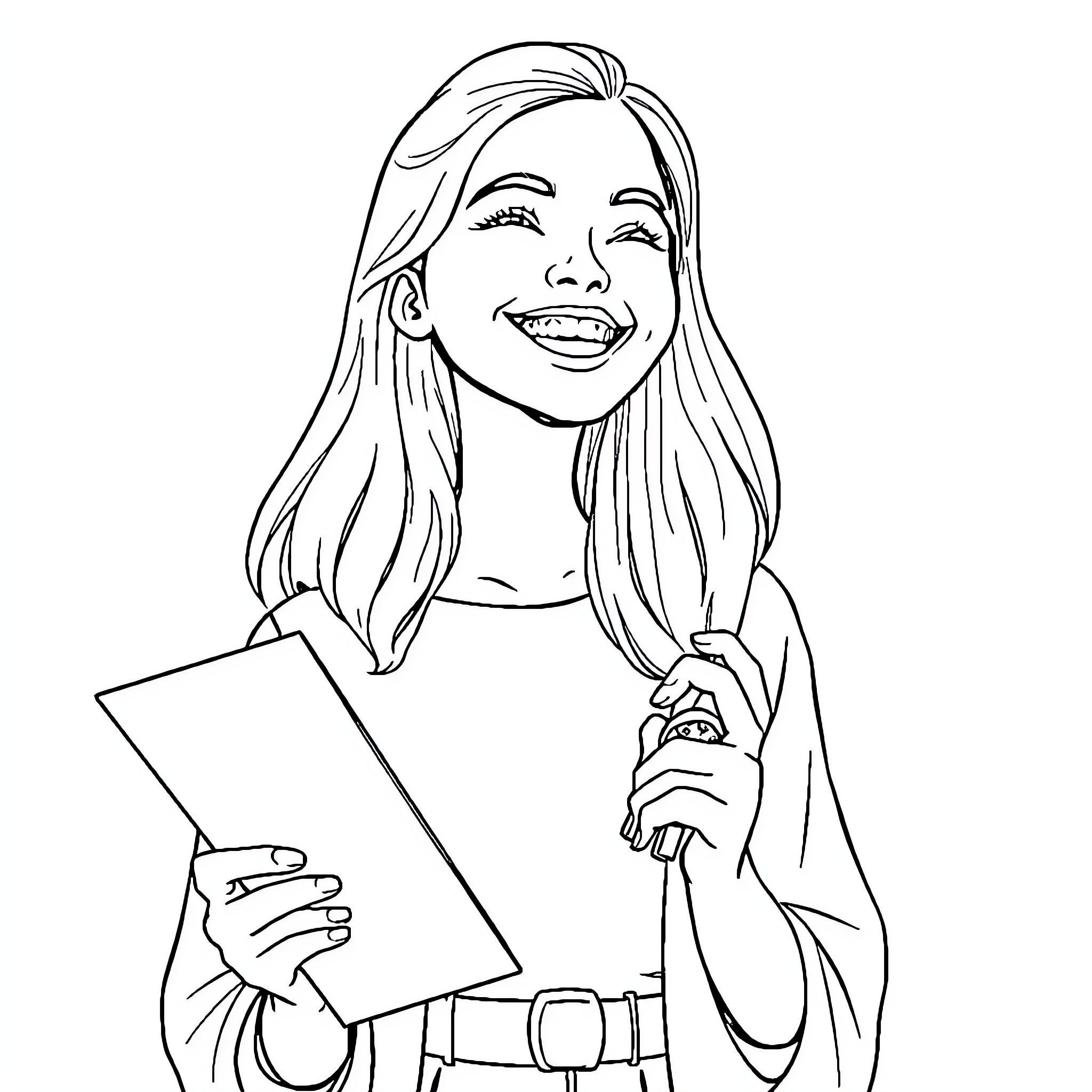 Young Girl Holding a Book and Smiling Happily Coloring Page (free black-and-white line drawing printable PDF for all, from beginners to advanced learners, including children, teens, adults, and seniors)