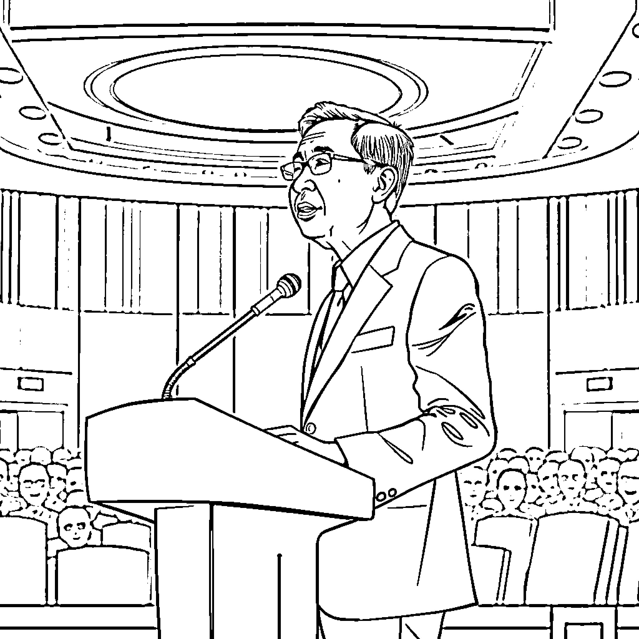 Joko Widodo delivering a speech on the podium Coloring Page (free black-and-white line drawing printable PDF for all, from beginners to advanced learners, including children, teens, adults, and seniors)