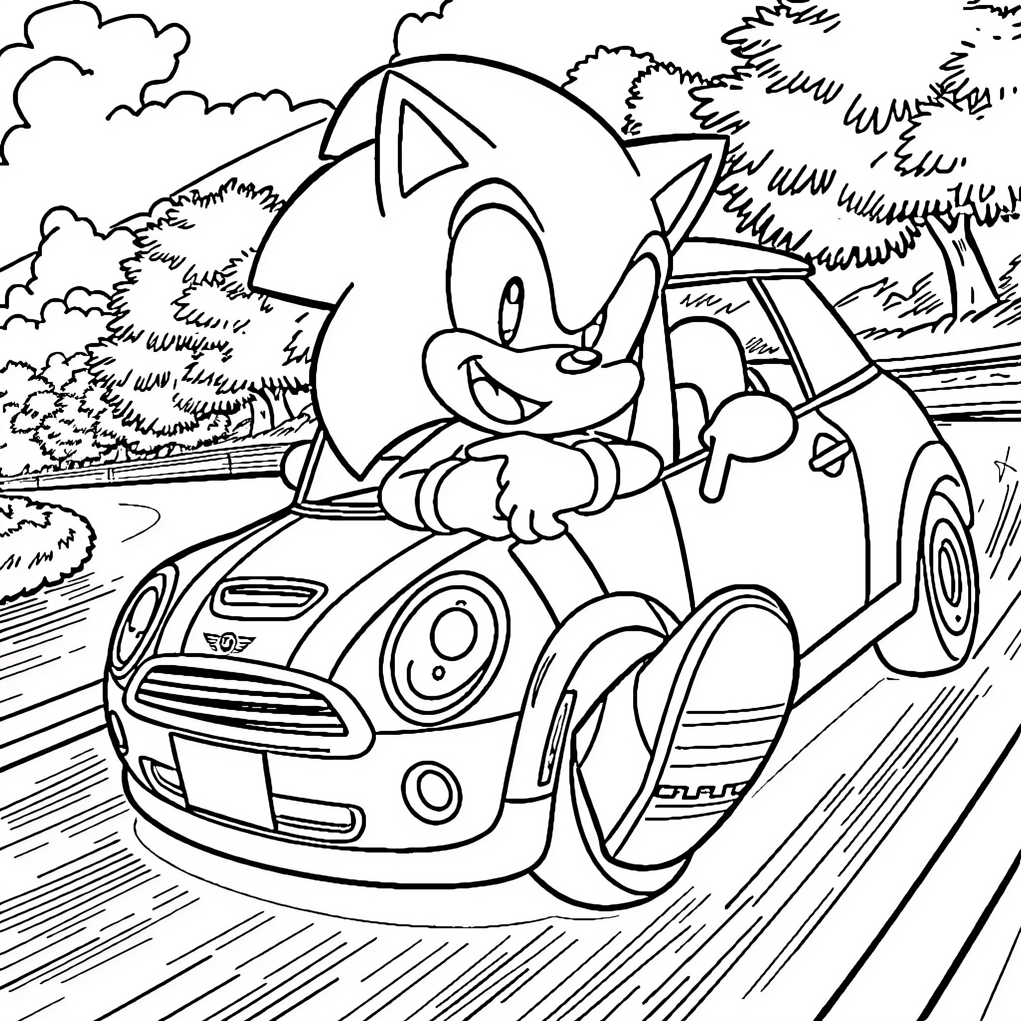 Sonic racing happily in his car through the countryside Coloring Page (free black-and-white line drawing printable PDF for all, from beginners to advanced learners, including children, teens, adults, and seniors)