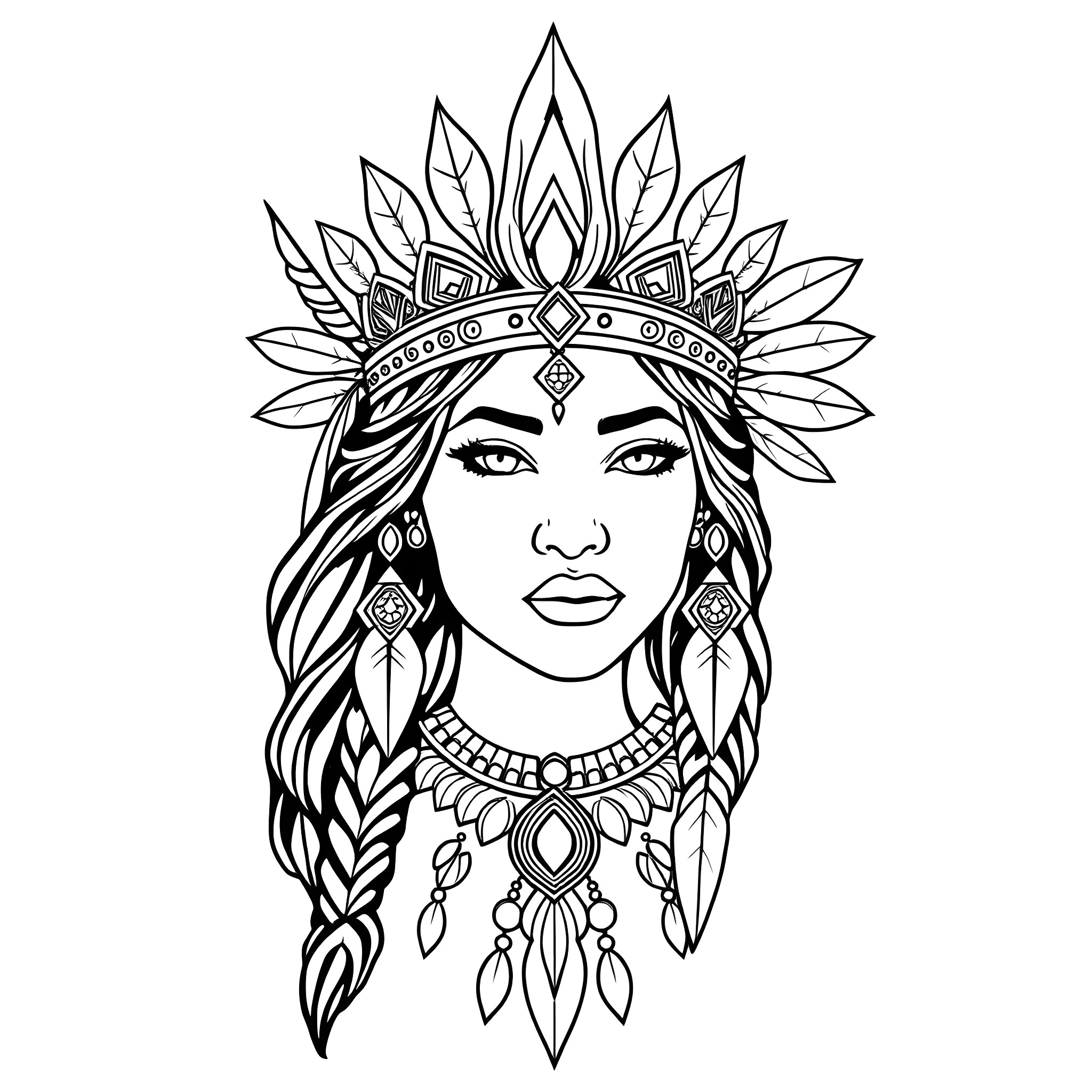 Pocahontas in Ceremonial Native American Headdress Coloring Page (free black-and-white line drawing printable PDF for all, from beginners to advanced learners, including children, teens, adults, and seniors)