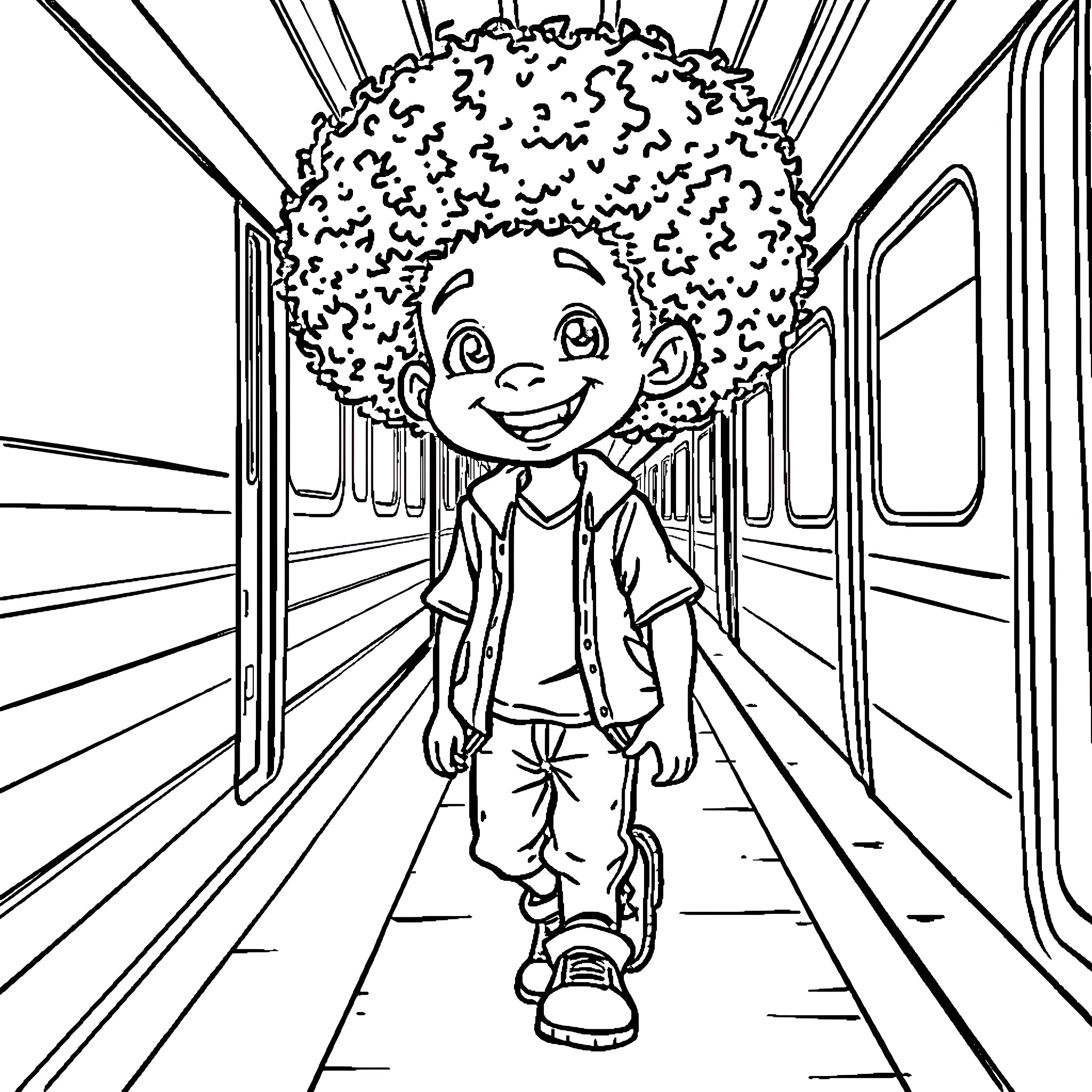 Boy walking happily in a train car Coloring Page (free black-and-white line drawing printable PDF for all, from beginners to advanced learners, including children, teens, adults, and seniors)