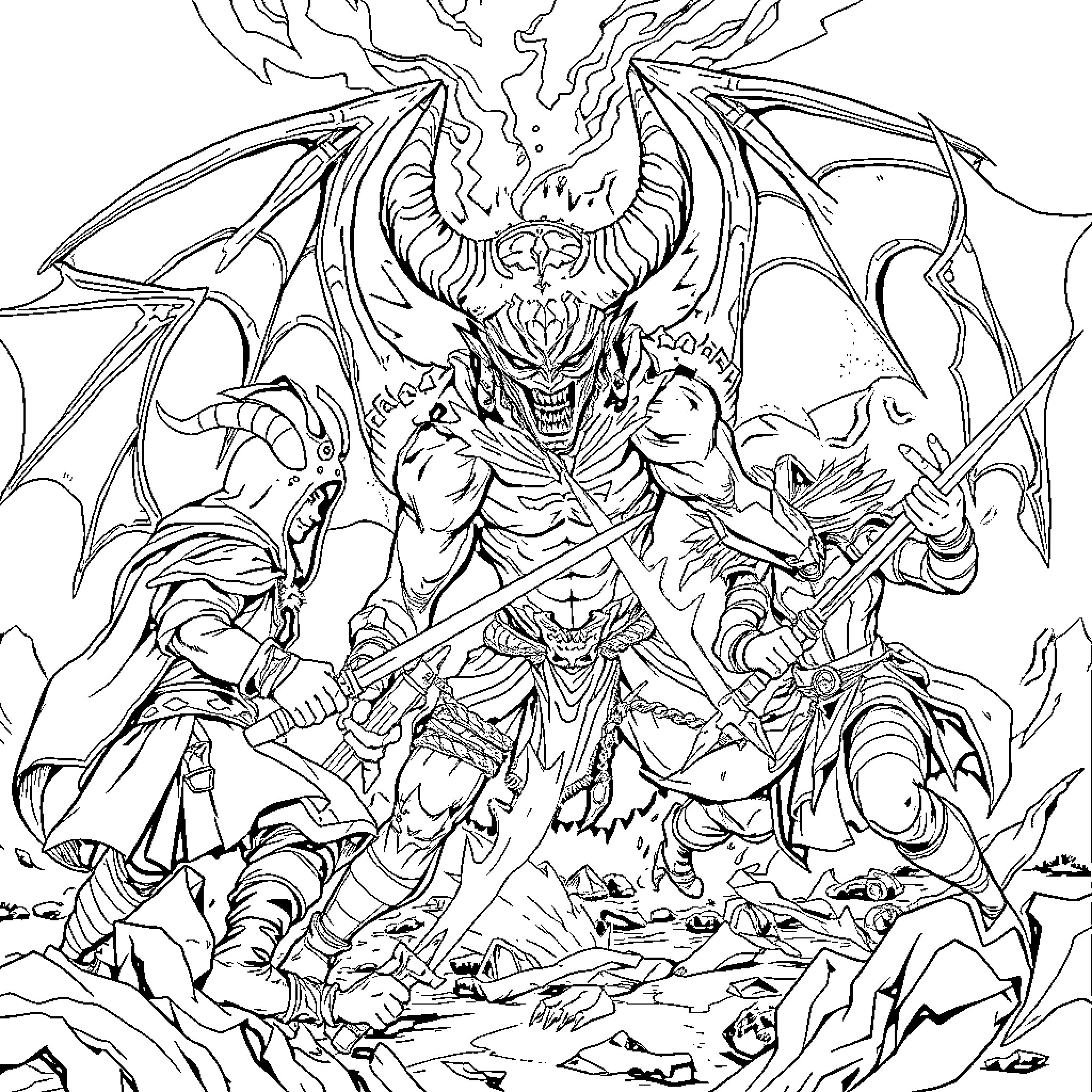 Demon Hunter Battles Fierce Demonic Creature Coloring Page (free black-and-white line drawing printable PDF for all, from beginners to advanced learners, including children, teens, adults, and seniors)
