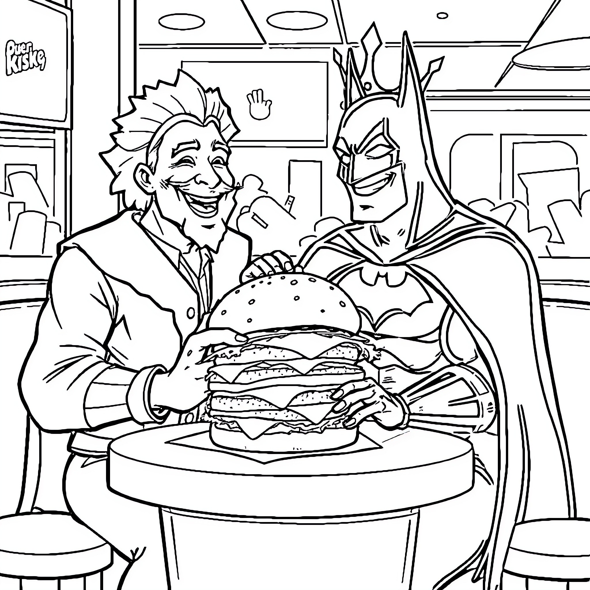 Batman Shares a Meal with Joker Coloring Page (free black-and-white line drawing printable PDF for all, from beginners to advanced learners, including children, teens, adults, and seniors)
