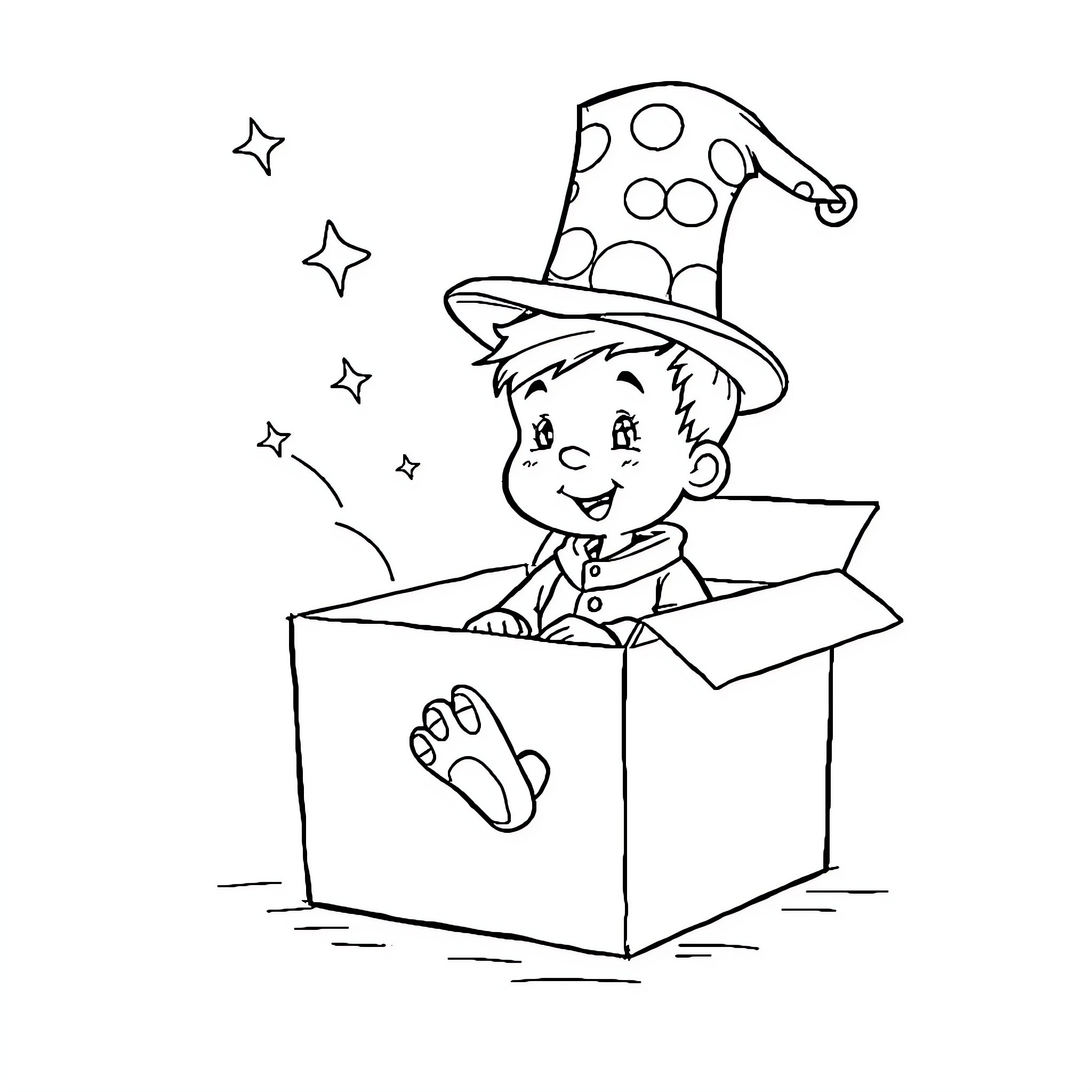 Kid playing happily in a cardboard box Coloring Page (free black-and-white line drawing printable PDF for all, from beginners to advanced learners, including children, teens, adults, and seniors)