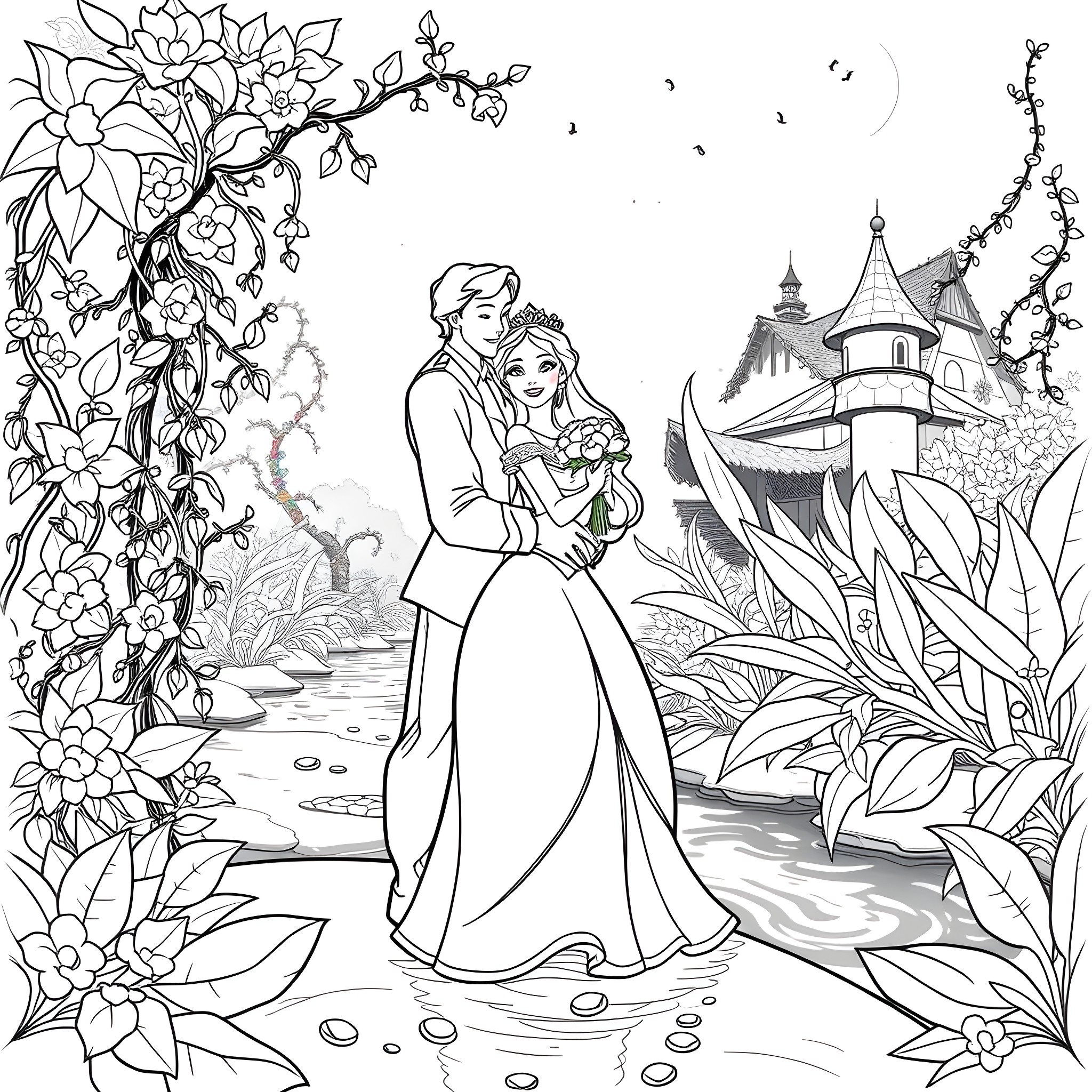 Tiana's magical wedding celebration in the enchanted garden Coloring Page (free black-and-white line drawing printable PDF for all, from beginners to advanced learners, including children, teens, adults, and seniors)