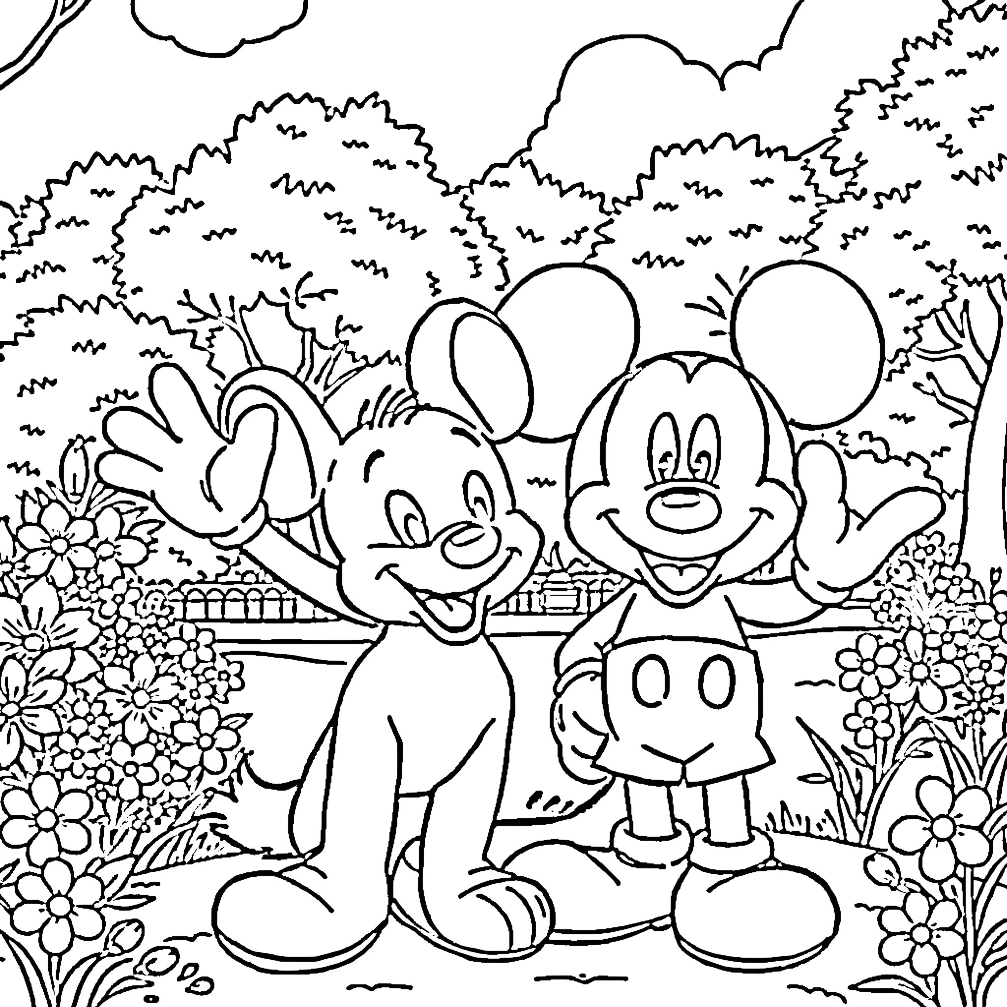 Mickey Mouse and Minnie Mouse in a Flowery Garden Coloring Page (free black-and-white line drawing printable PDF for all, from beginners to advanced learners, including children, teens, adults, and seniors)