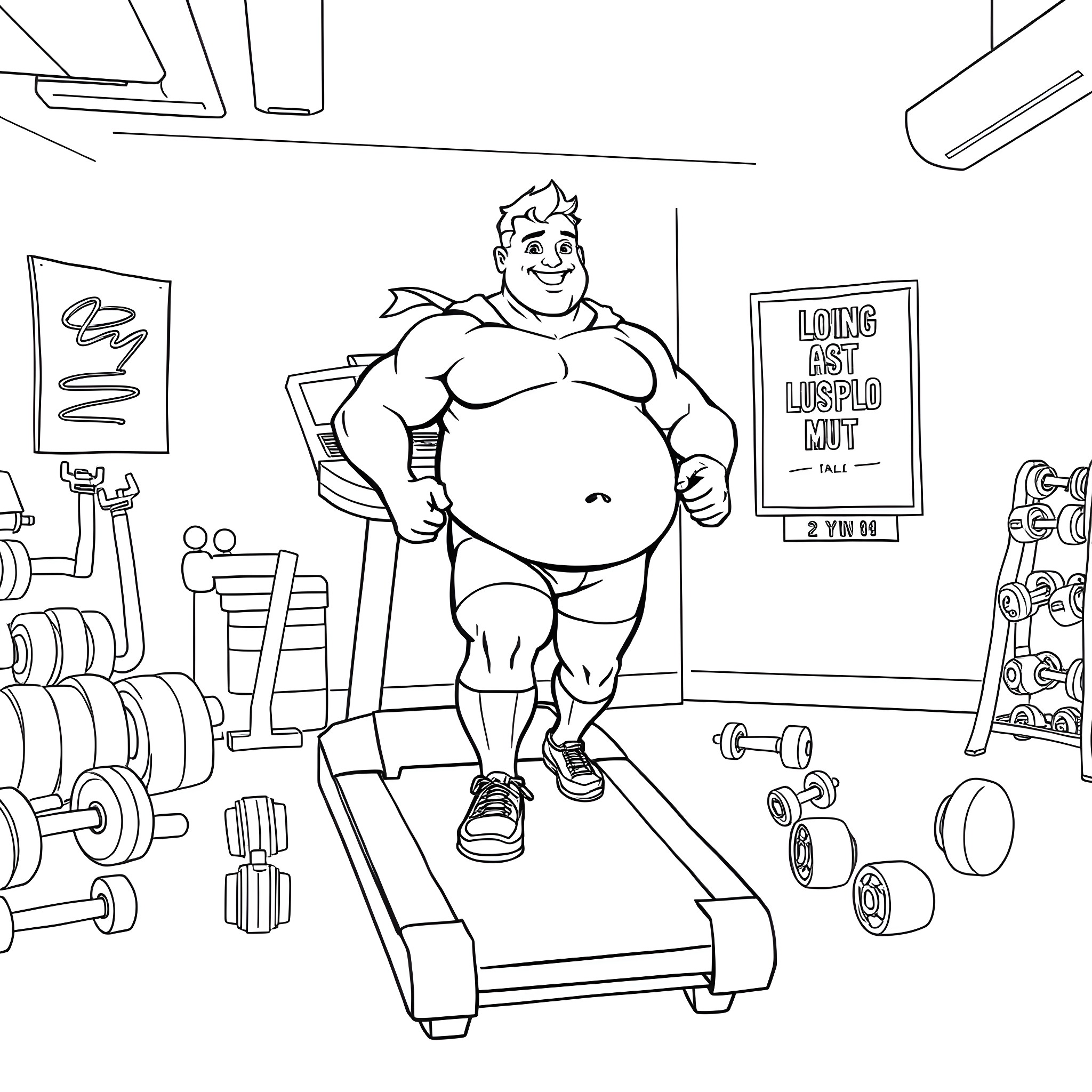 Superman Exercising in the Gym Coloring Page (free black-and-white line drawing printable PDF for all, from beginners to advanced learners, including children, teens, adults, and seniors)