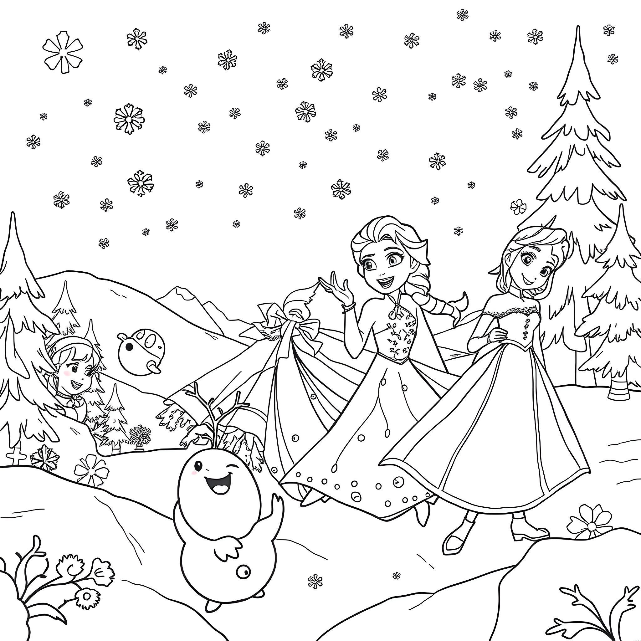 Elsa and Anna's Snowy Adventure Coloring Page (free black-and-white line drawing printable PDF for all, from beginners to advanced learners, including children, teens, adults, and seniors)