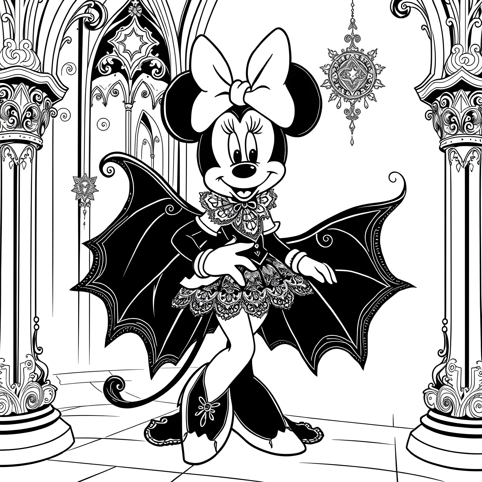 Minnie Mouse as a gothic vampire in an elegant castle setting Coloring Page (free black-and-white line drawing printable PDF for all, from beginners to advanced learners, including children, teens, adults, and seniors)
