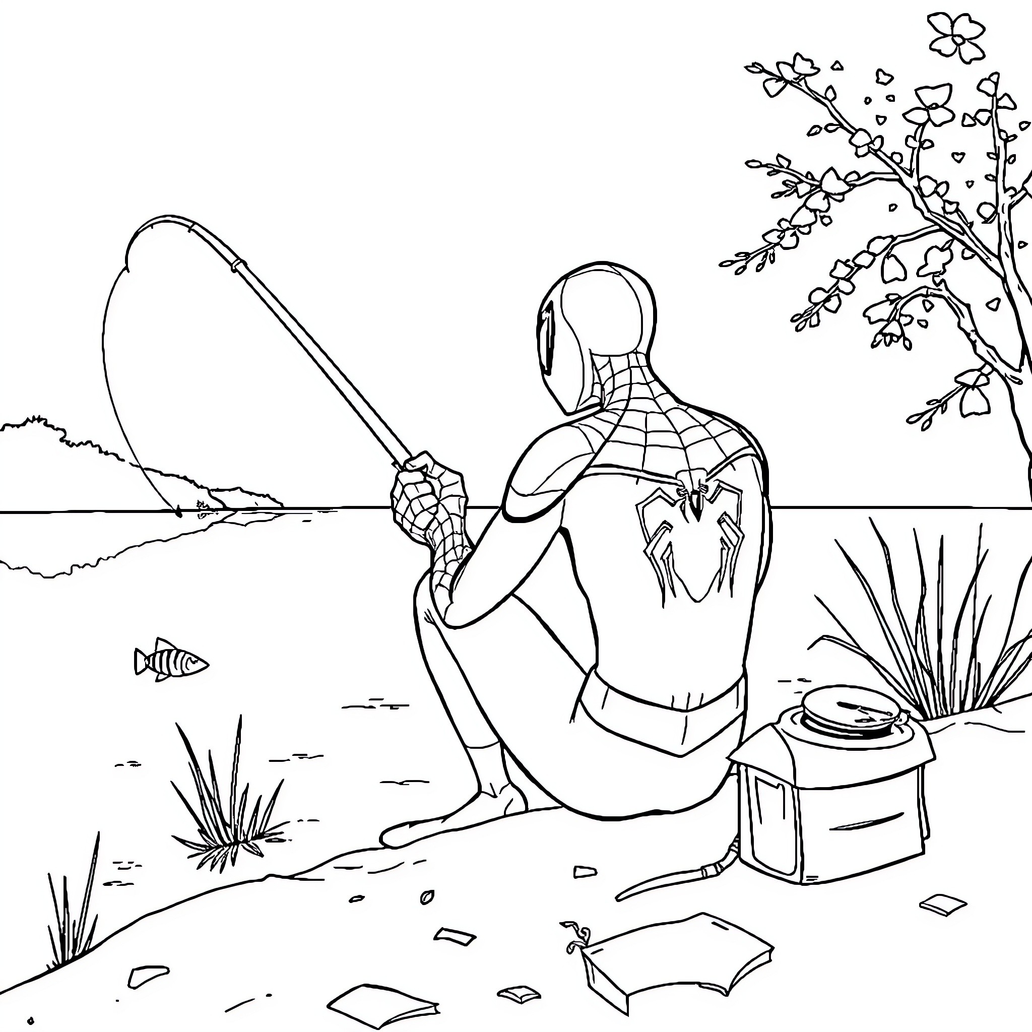 Spider-Man fishing in the serene nature Coloring Page (free black-and-white line drawing printable PDF for all, from beginners to advanced learners, including children, teens, adults, and seniors)