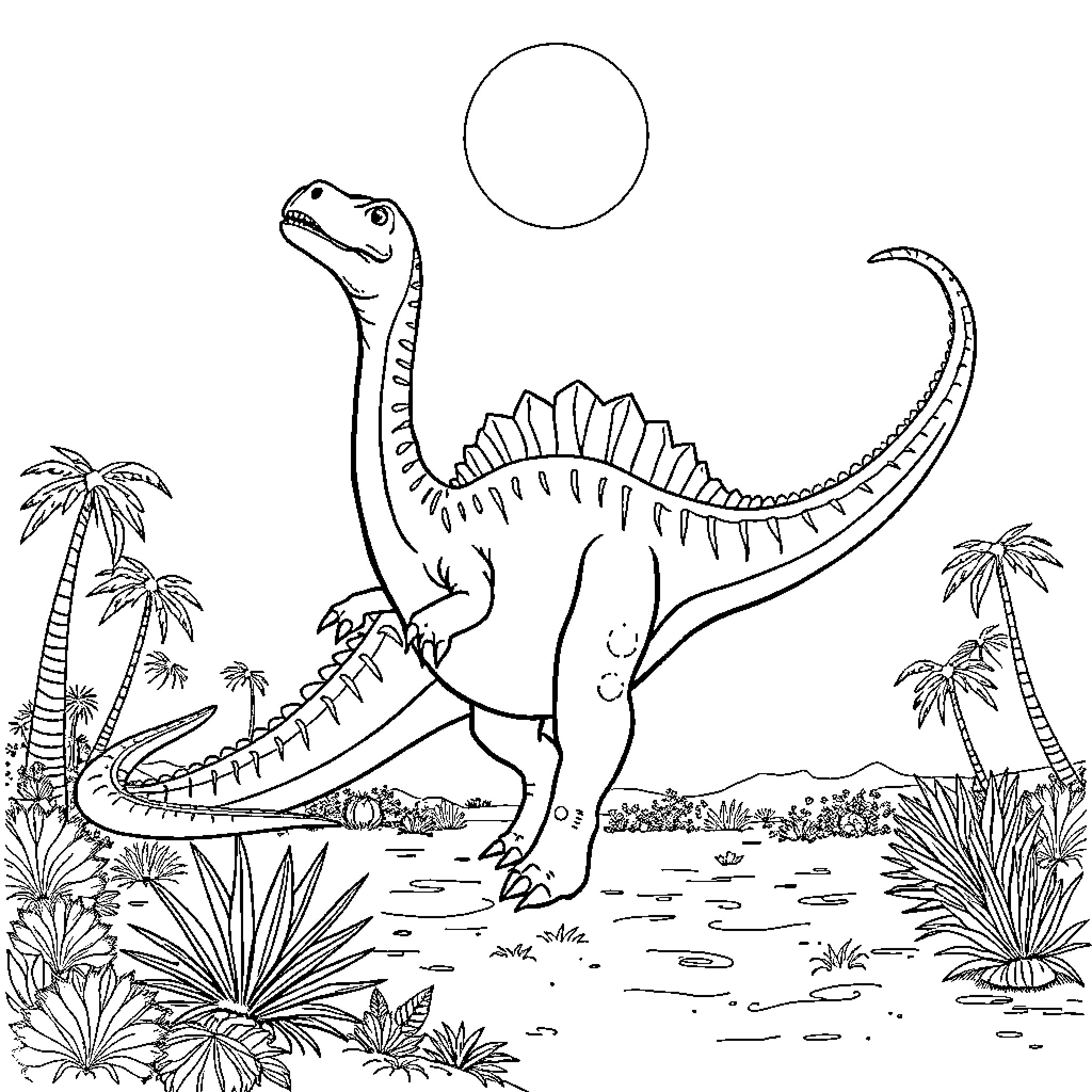 Diplodocus exploring prehistoric landscape Coloring Page (free black-and-white line drawing printable PDF for all, from beginners to advanced learners, including children, teens, adults, and seniors)