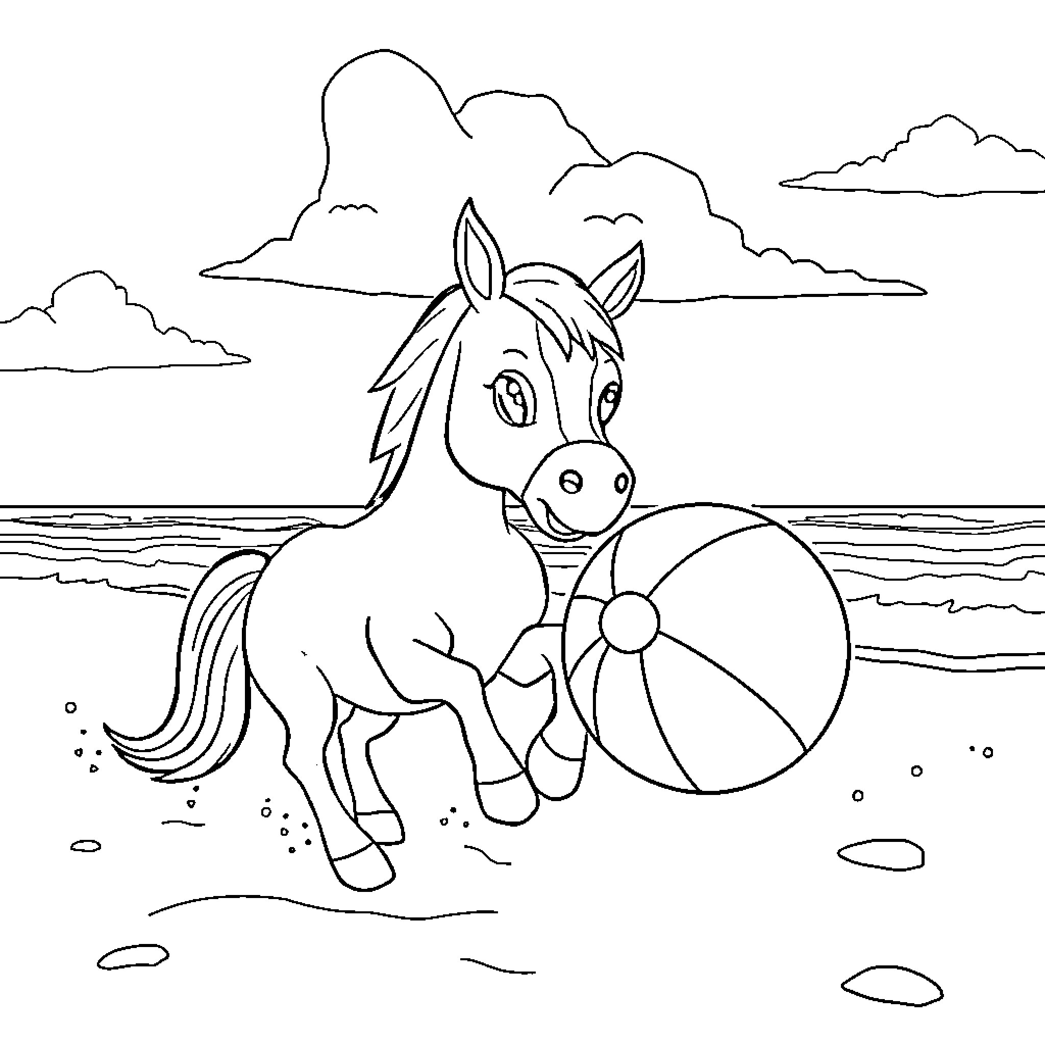 Horse playing with beach ball on the shore Coloring Page (free black-and-white line drawing printable PDF for all, from beginners to advanced learners, including children, teens, adults, and seniors)