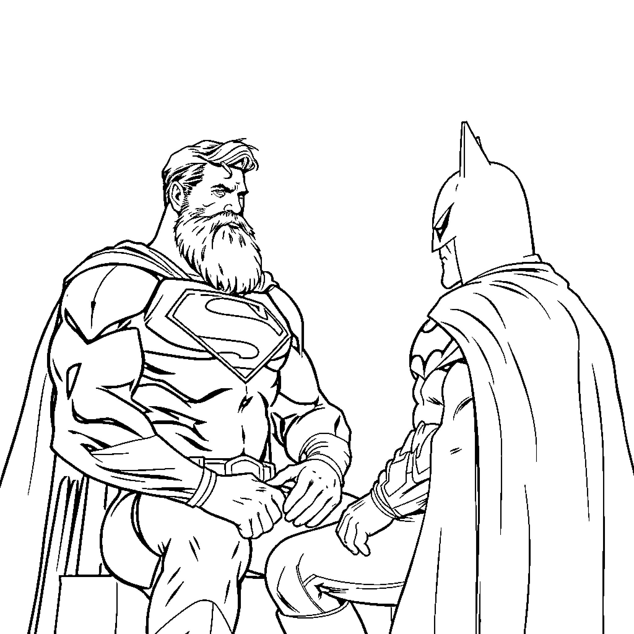 Superman and Batman in serious discussion Coloring Page (free black-and-white line drawing printable PDF for all, from beginners to advanced learners, including children, teens, adults, and seniors)