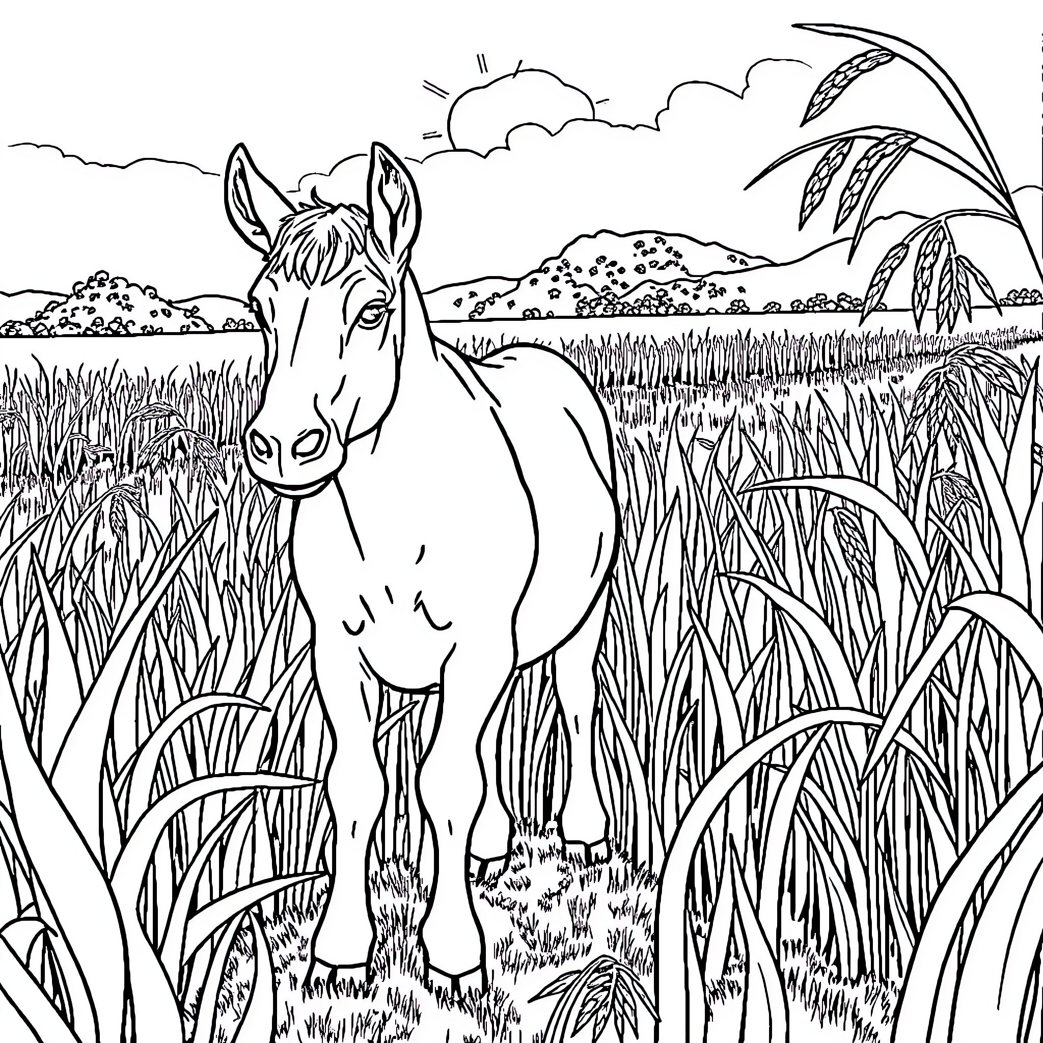 Karabao standing amidst a grassy field Coloring Page (free black-and-white line drawing printable PDF for all, from beginners to advanced learners, including children, teens, adults, and seniors)
