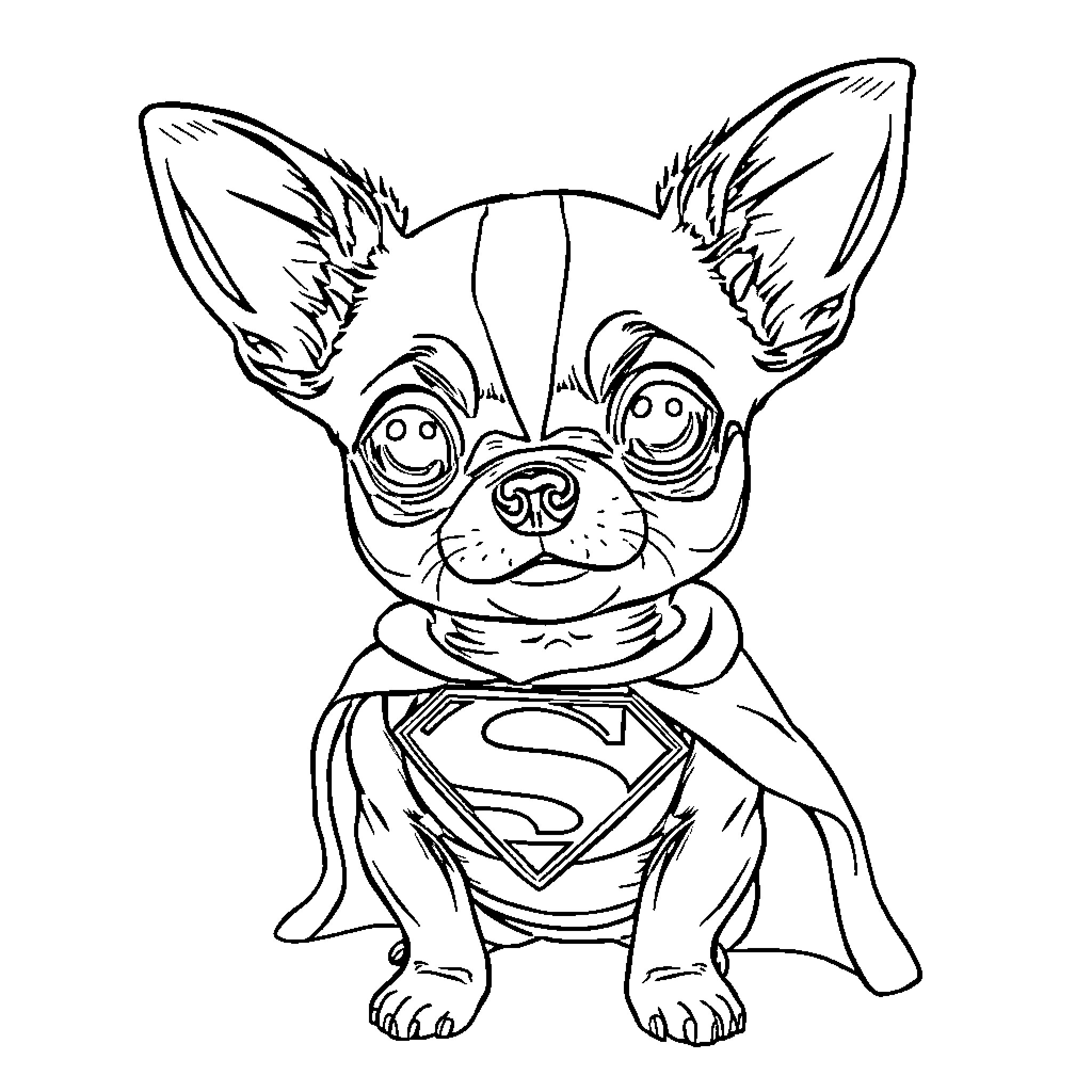 Chihuahua dressed as superhero with cape Coloring Page (free black-and-white line drawing printable PDF for all, from beginners to advanced learners, including children, teens, adults, and seniors)