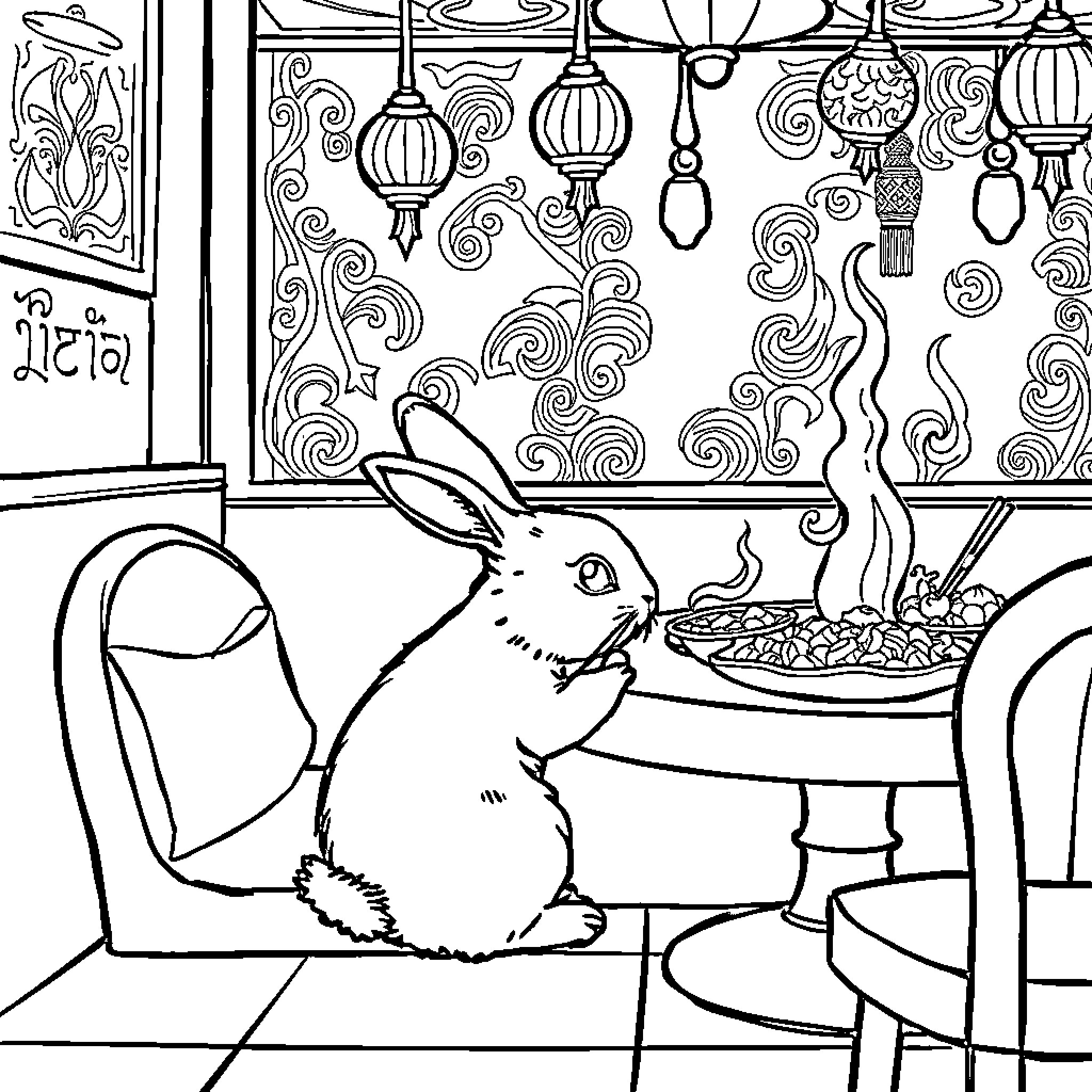 Bunny enjoying a cozy meal in a festive room Coloring Page (free black-and-white line drawing printable PDF for all, from beginners to advanced learners, including children, teens, adults, and seniors)