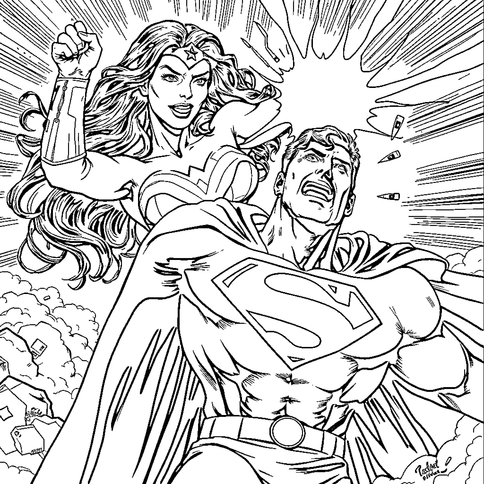Wonder Woman heroically rescuing Superman from danger Coloring Page (free black-and-white line drawing printable PDF for all, from beginners to advanced learners, including children, teens, adults, and seniors)