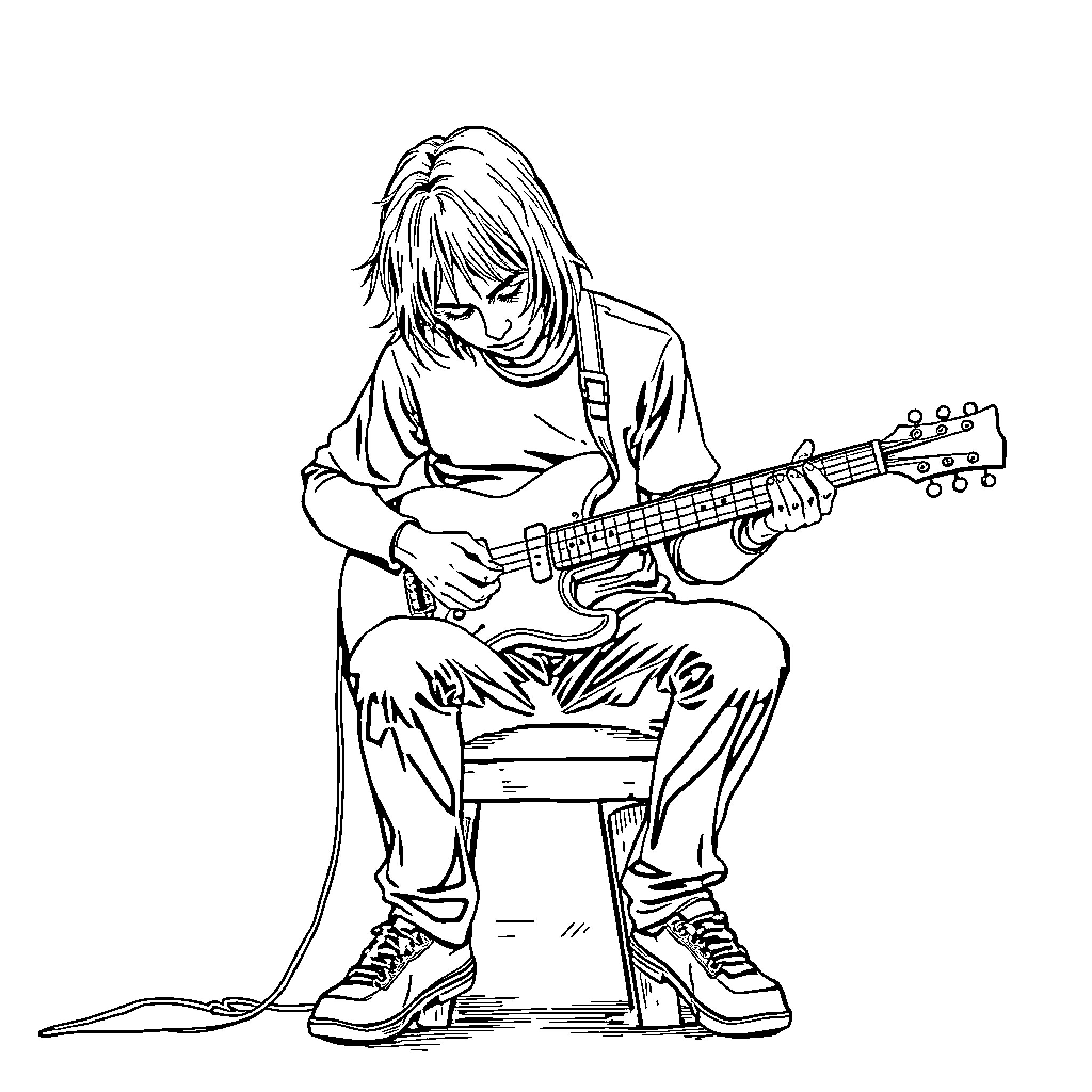 Kurt Cobain playing guitar in a pensive pose Coloring Page (free black-and-white line drawing printable PDF for all, from beginners to advanced learners, including children, teens, adults, and seniors)