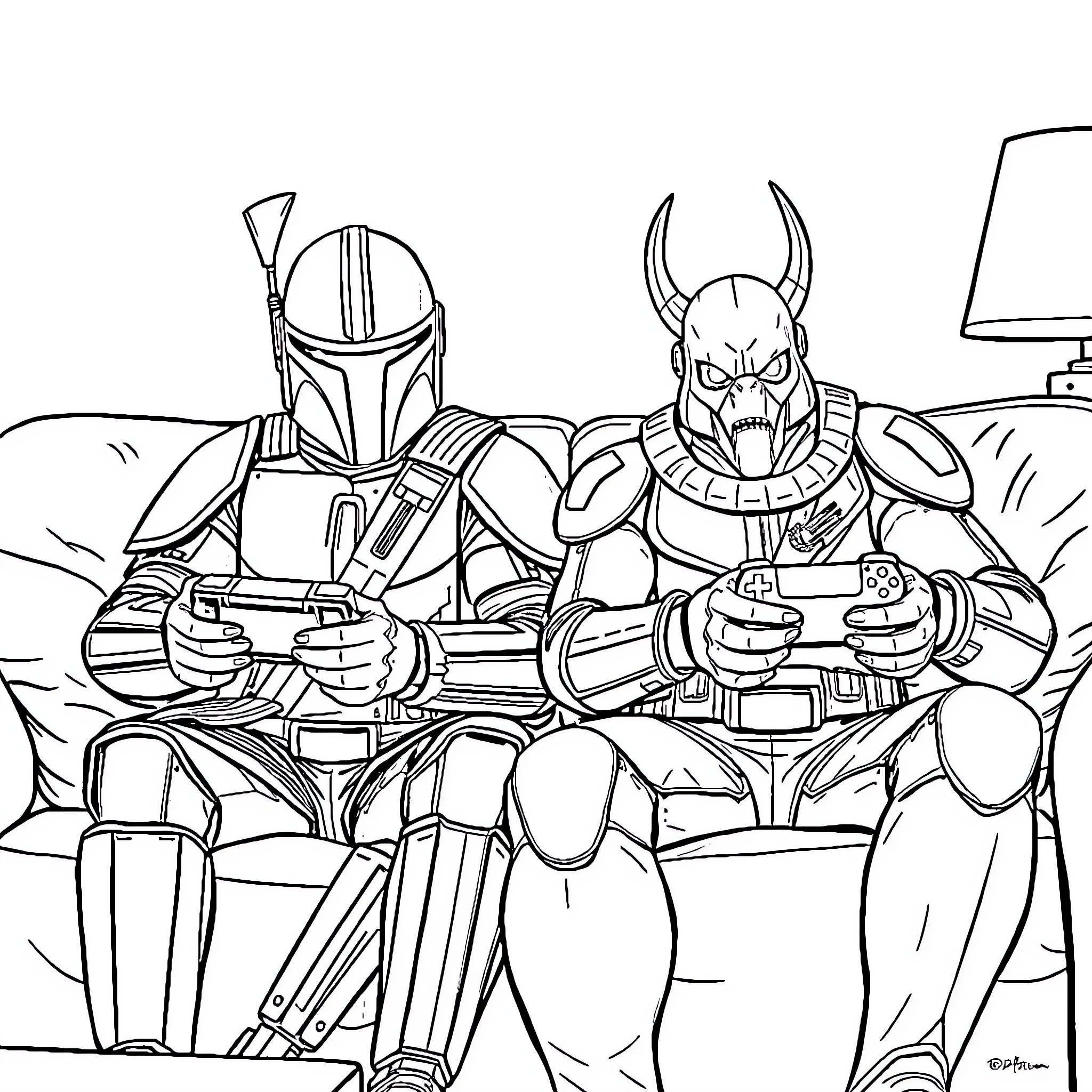 Mandalorian warriors in combat gear Coloring Page (free black-and-white line drawing printable PDF for all, from beginners to advanced learners, including children, teens, adults, and seniors)