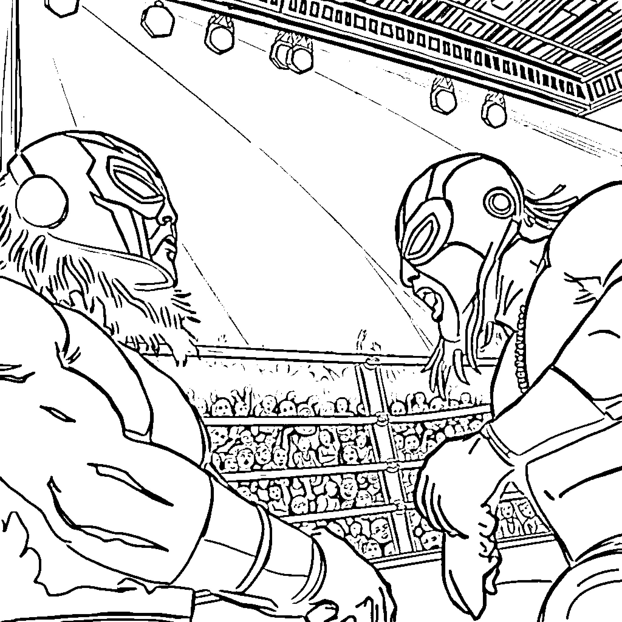 Wrestlers engaging in a fierce match in the arena Coloring Page (free black-and-white line drawing printable PDF for all, from beginners to advanced learners, including children, teens, adults, and seniors)
