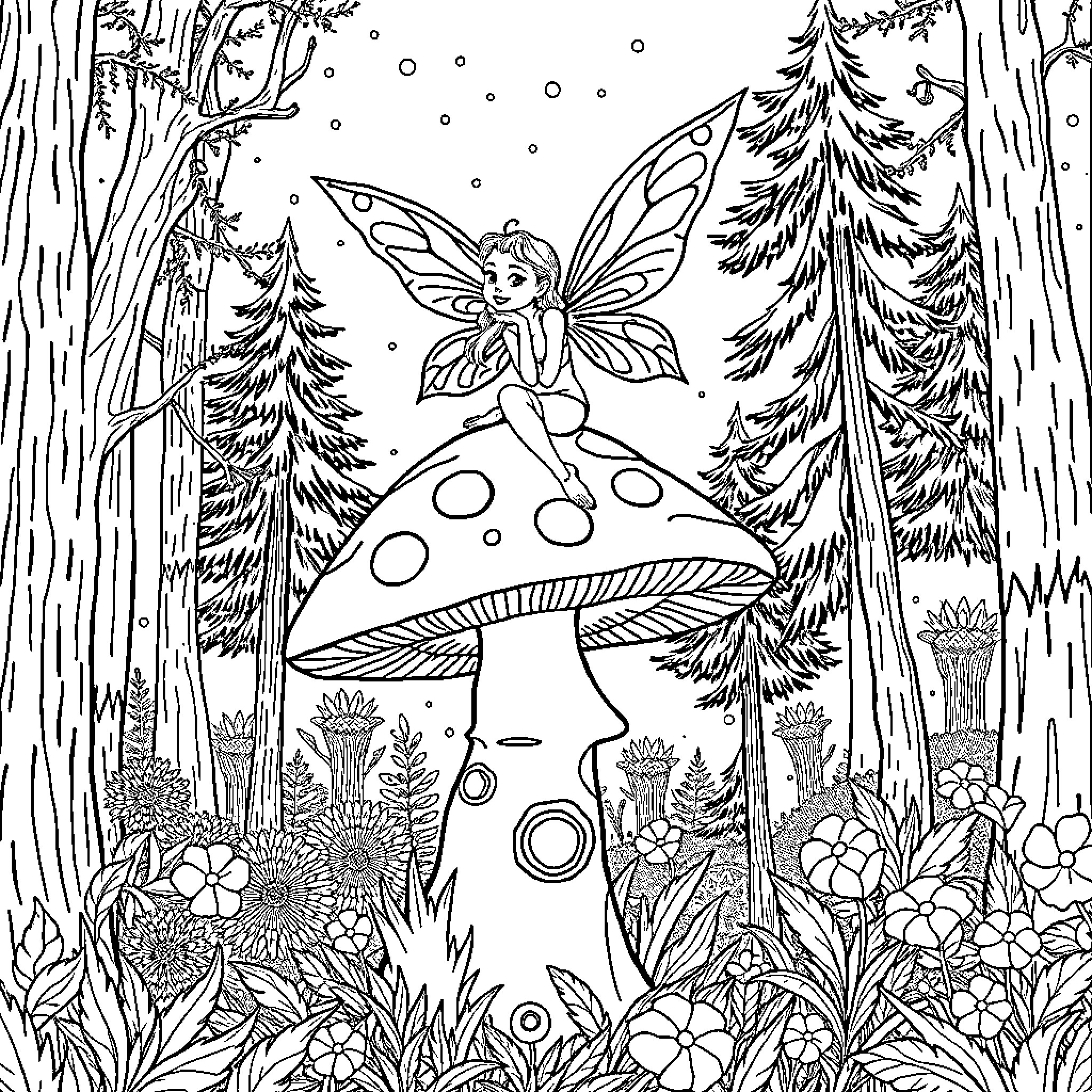 Fairy enjoying a magical mushroom in the forest Coloring Page (free black-and-white line drawing printable PDF for all, from beginners to advanced learners, including children, teens, adults, and seniors)
