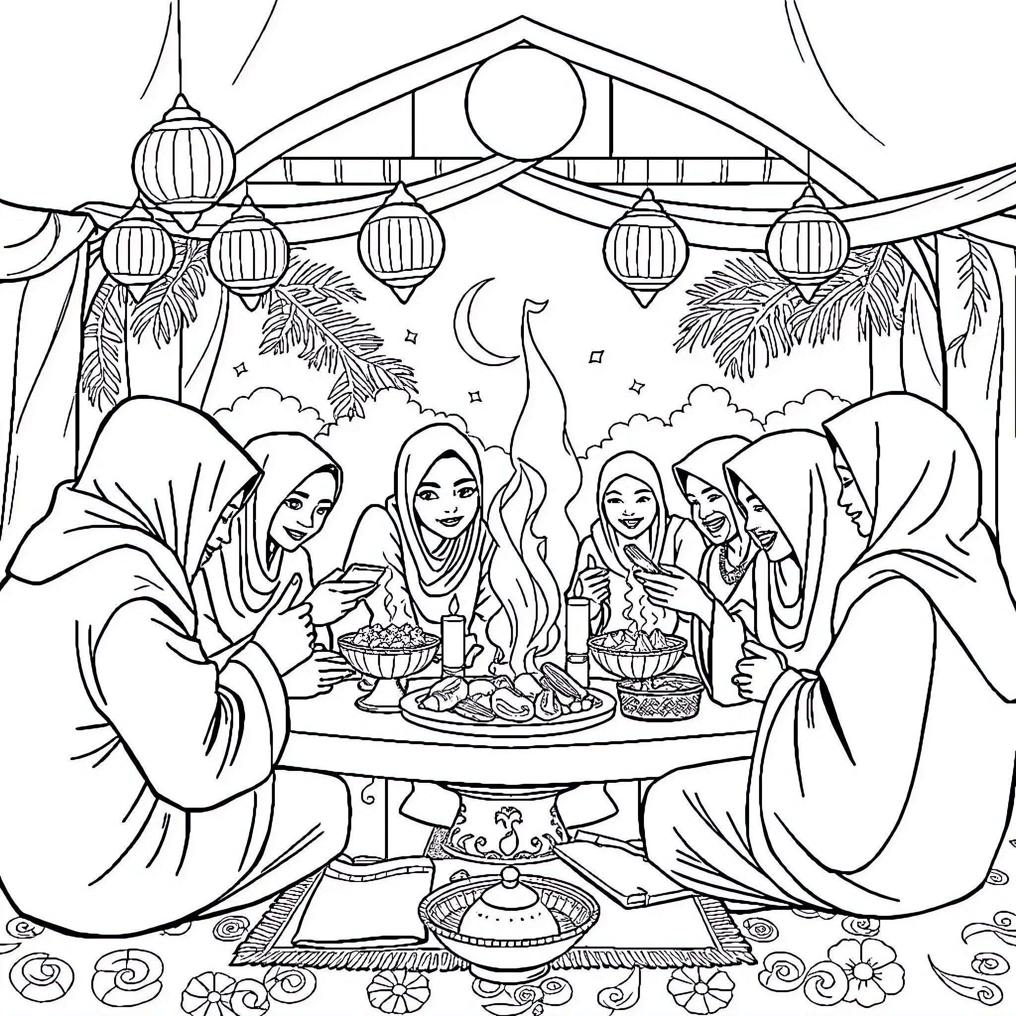 Tung Tung Eid Celebration with Family and Friends Coloring Page (free black-and-white line drawing printable PDF for all, from beginners to advanced learners, including children, teens, adults, and seniors)
