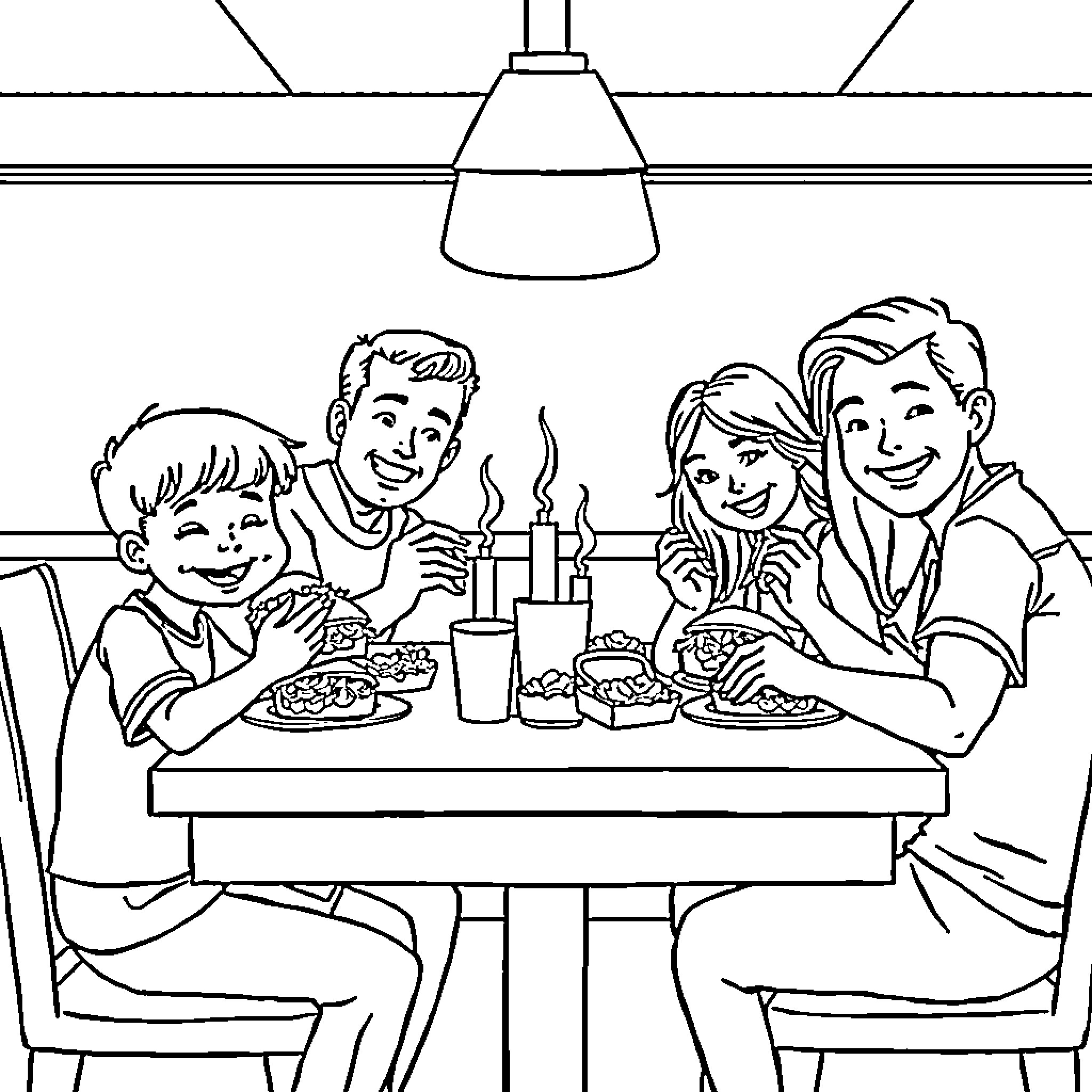 Family Enjoying a Meal Together Coloring Page (free black-and-white line drawing printable PDF for all, from beginners to advanced learners, including children, teens, adults, and seniors)