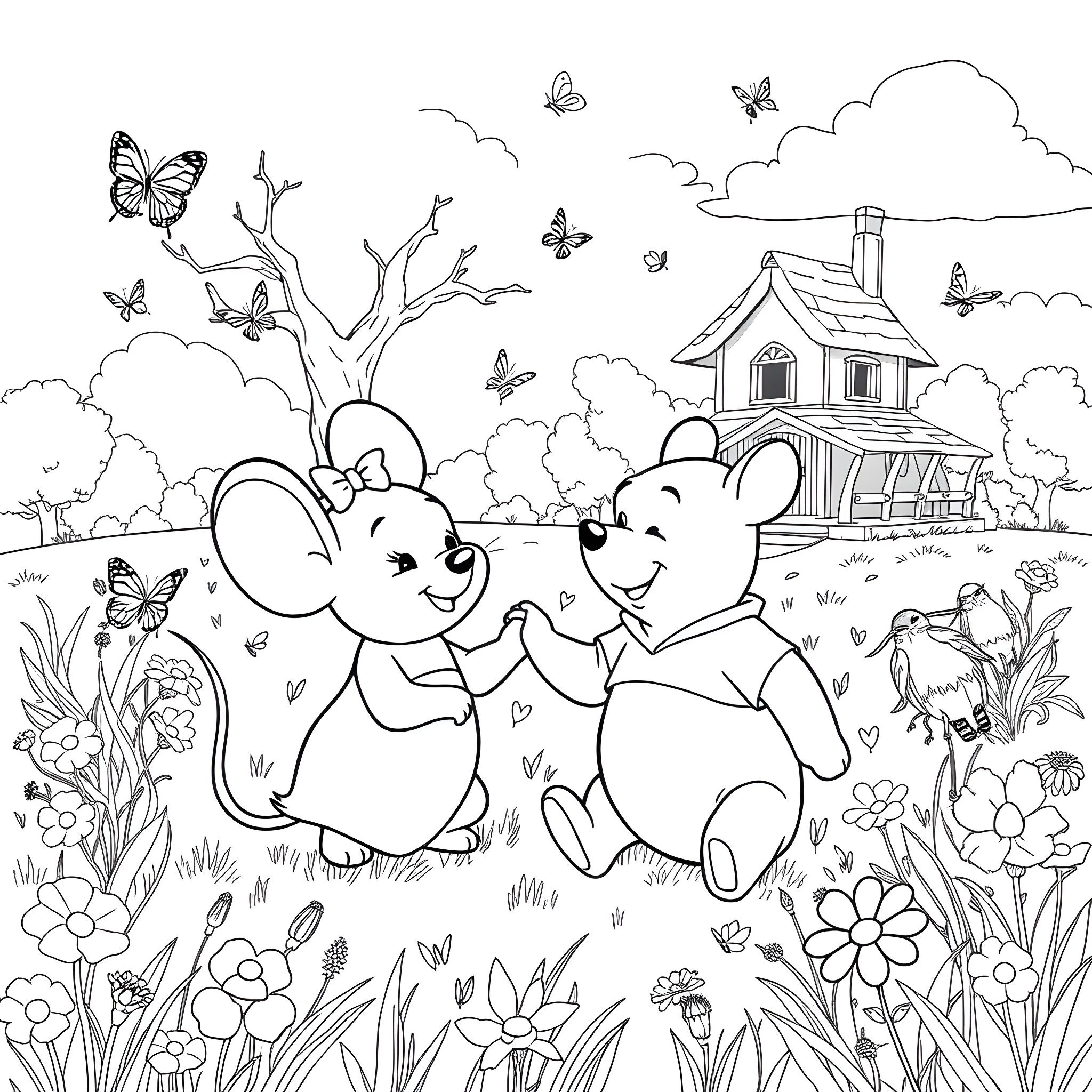 Minnie Mouse and Mickey Mouse playing in the enchanted garden Coloring Page (free black-and-white line drawing printable PDF for all, from beginners to advanced learners, including children, teens, adults, and seniors)
