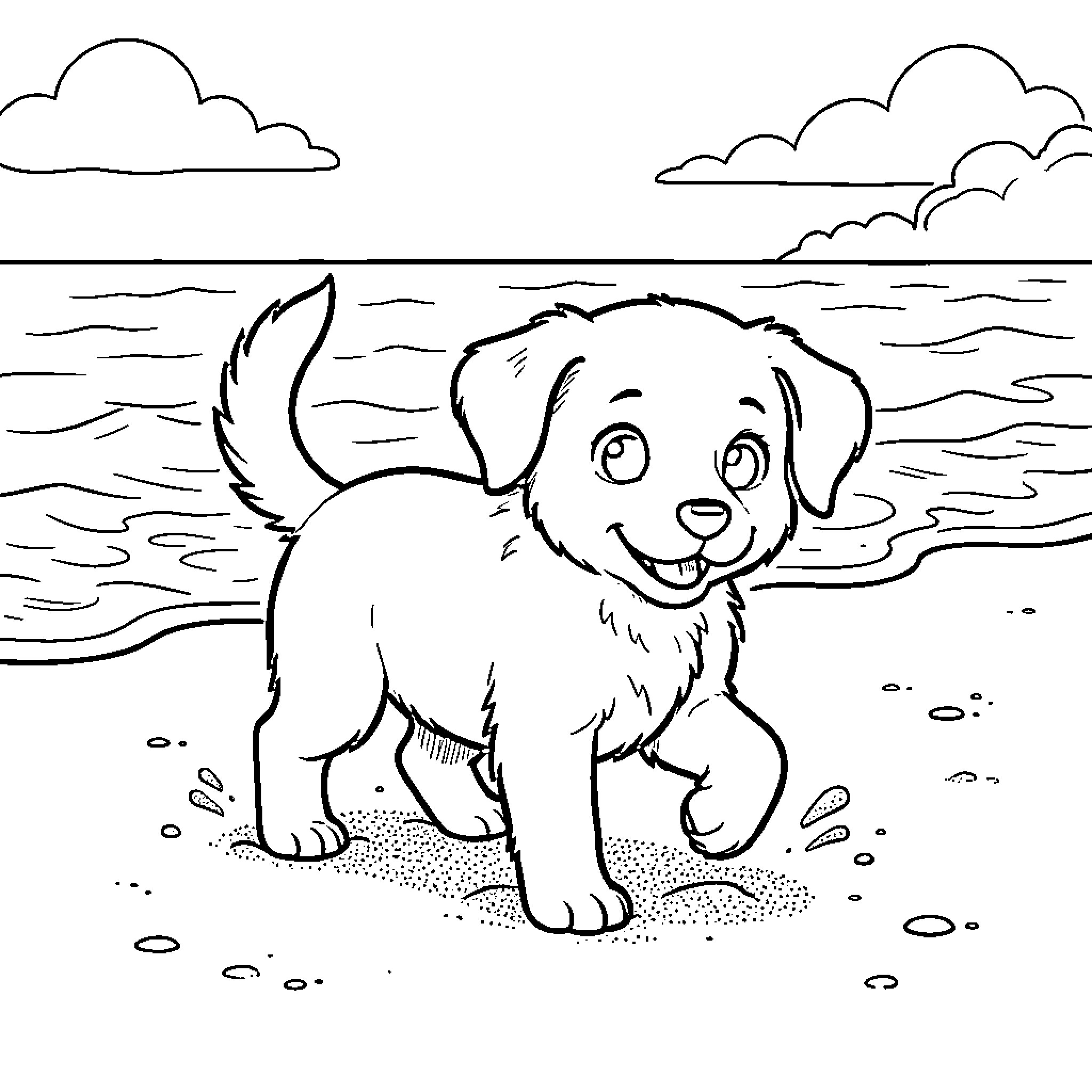 Puppy exploring the beach Coloring Page (free black-and-white line drawing printable PDF for all, from beginners to advanced learners, including children, teens, adults, and seniors)