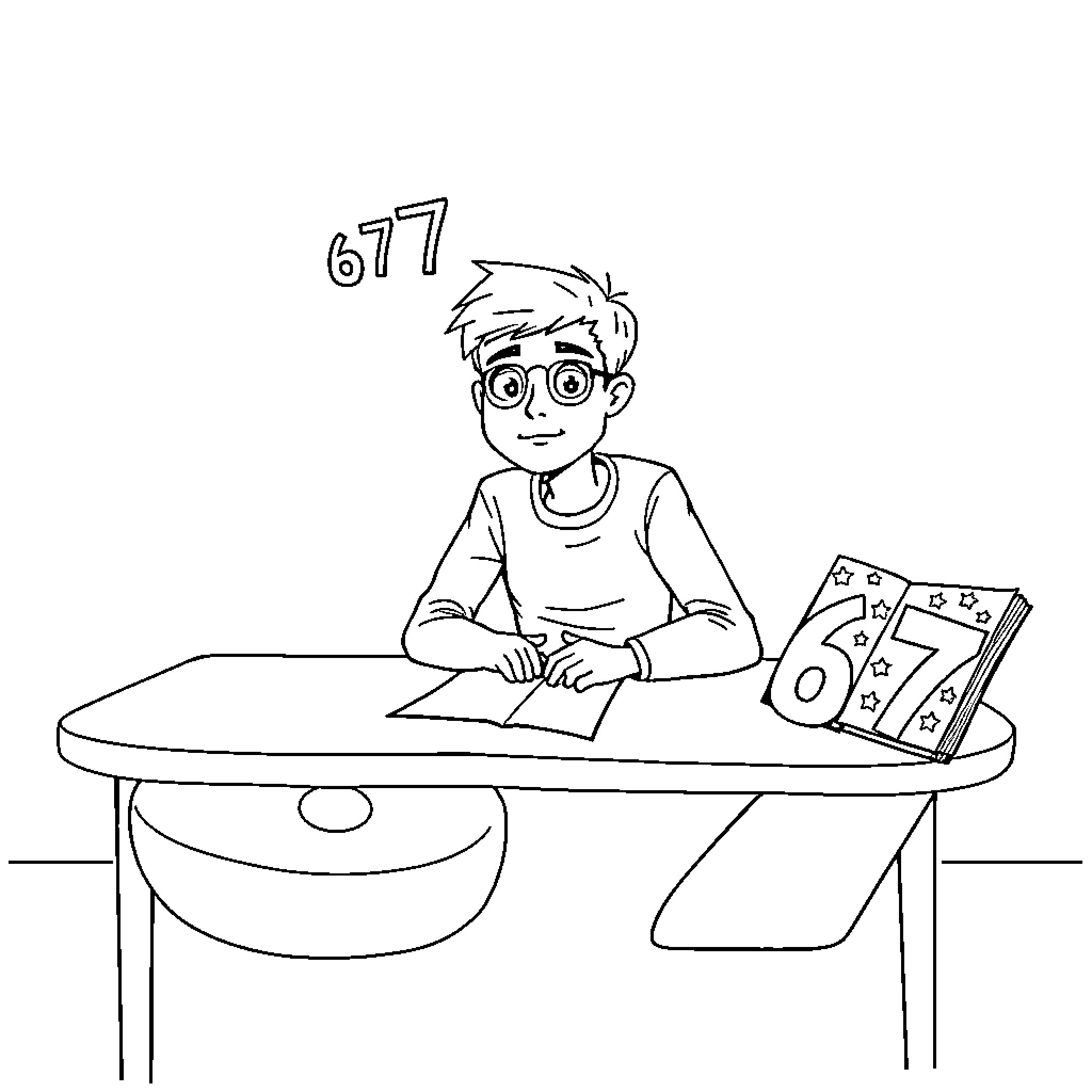 Student Studying Intently at Desk Coloring Page (free black-and-white line drawing printable PDF for all, from beginners to advanced learners, including children, teens, adults, and seniors)