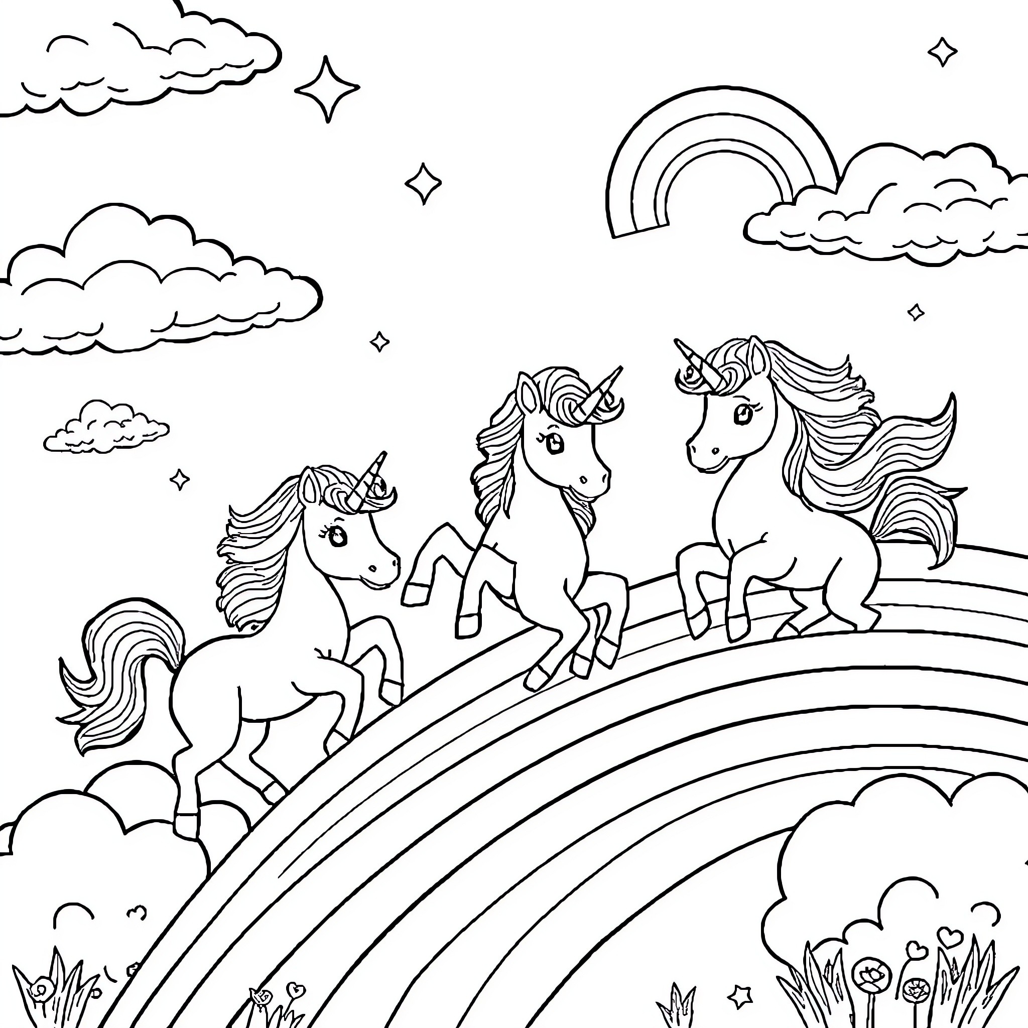 Unicorn Friends Galloping in Magical Landscape Coloring Page (free black-and-white line drawing printable PDF for all, from beginners to advanced learners, including children, teens, adults, and seniors)