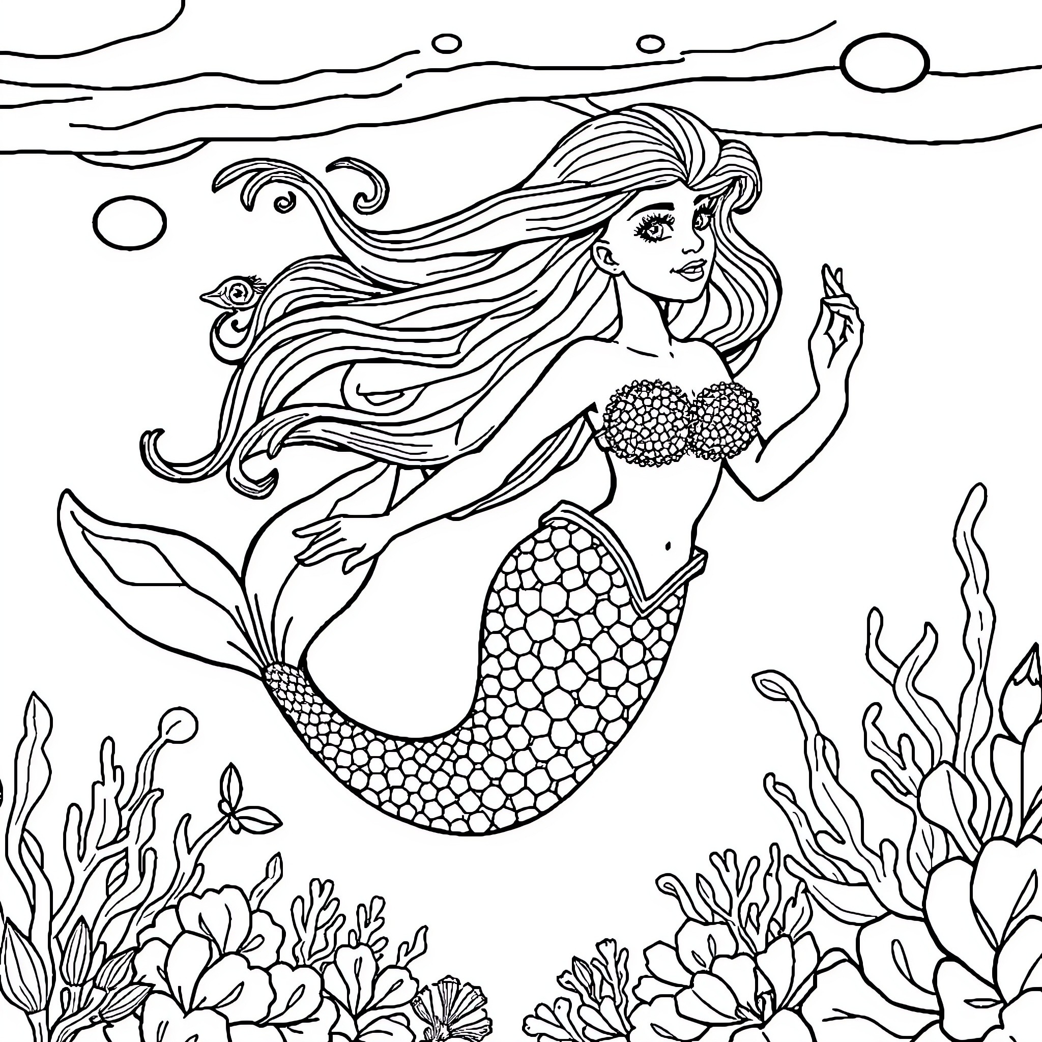 Mermaid enchantingly swimming through the underwater world Coloring Page (free black-and-white line drawing printable PDF for all, from beginners to advanced learners, including children, teens, adults, and seniors)