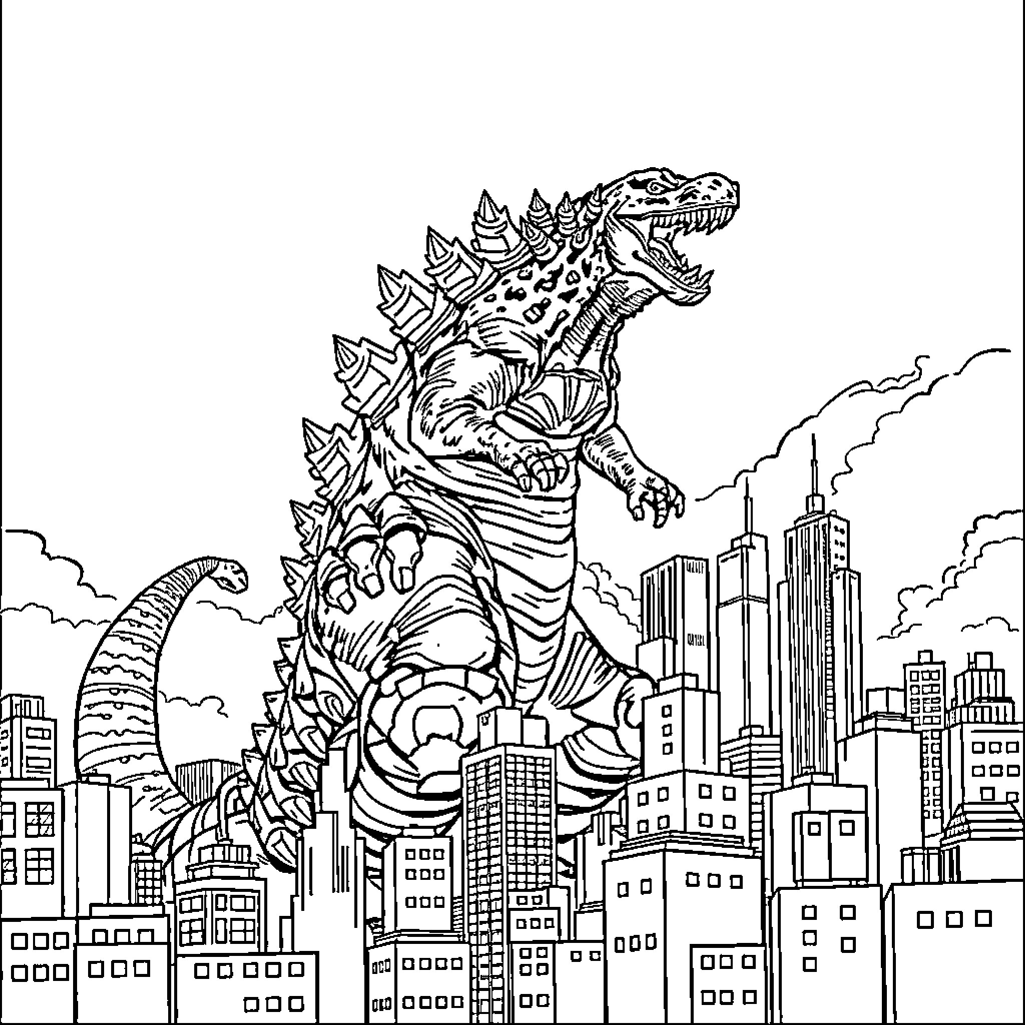 Godzilla rampaging through the city skyline Coloring Page (free black-and-white line drawing printable PDF for all, from beginners to advanced learners, including children, teens, adults, and seniors)