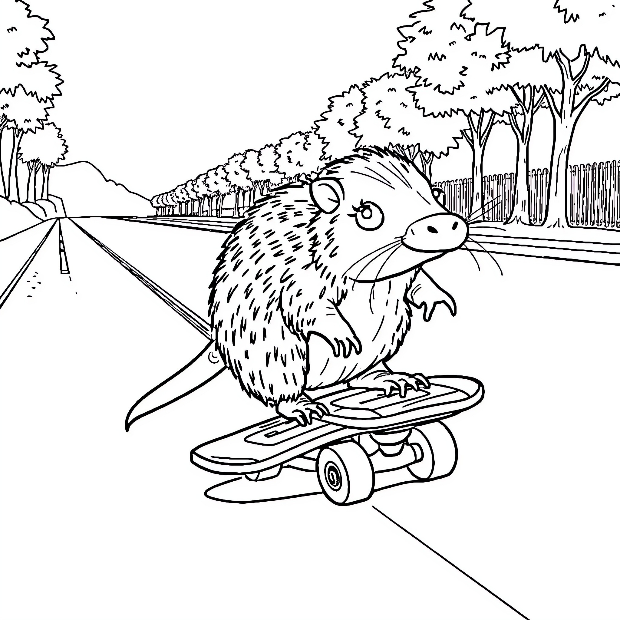 Platypus riding a skateboard on the road Coloring Page (free black-and-white line drawing printable PDF for all, from beginners to advanced learners, including children, teens, adults, and seniors)