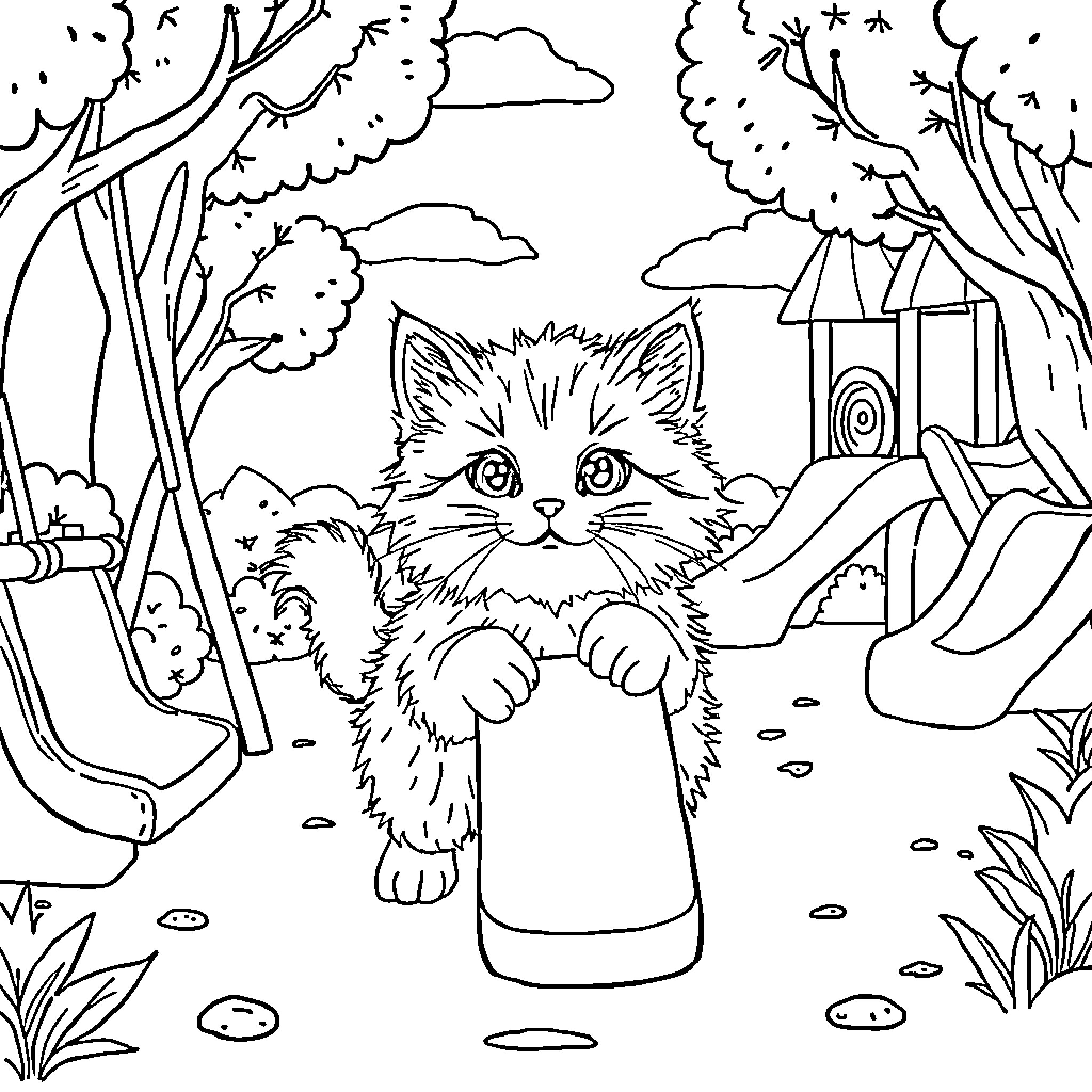 Cat exploring playful forest landscape Coloring Page (free black-and-white line drawing printable PDF for all, from beginners to advanced learners, including children, teens, adults, and seniors)