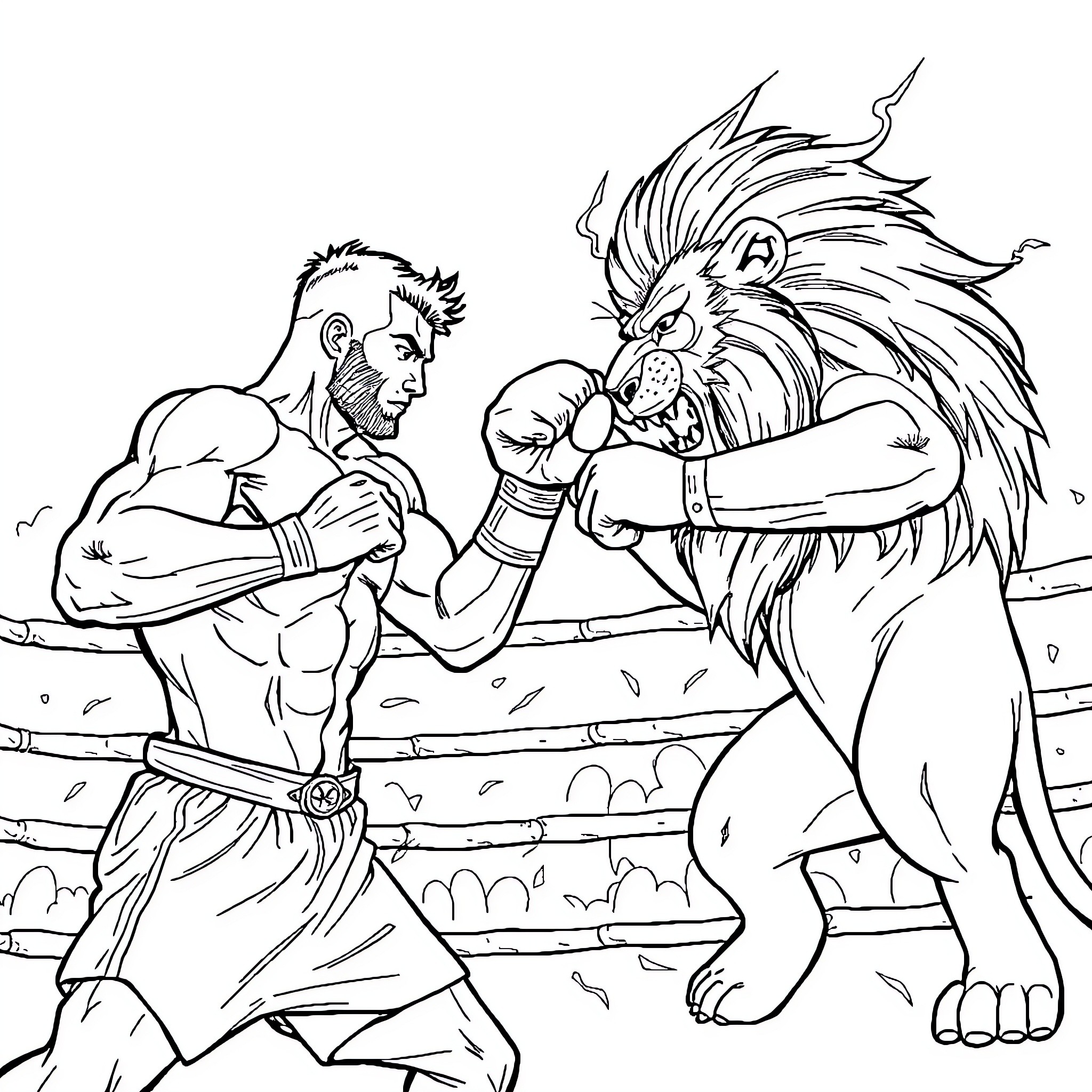 Shaour: Fierce Warrior Battles Ferocious Lion Coloring Page (free black-and-white line drawing printable PDF for all, from beginners to advanced learners, including children, teens, adults, and seniors)