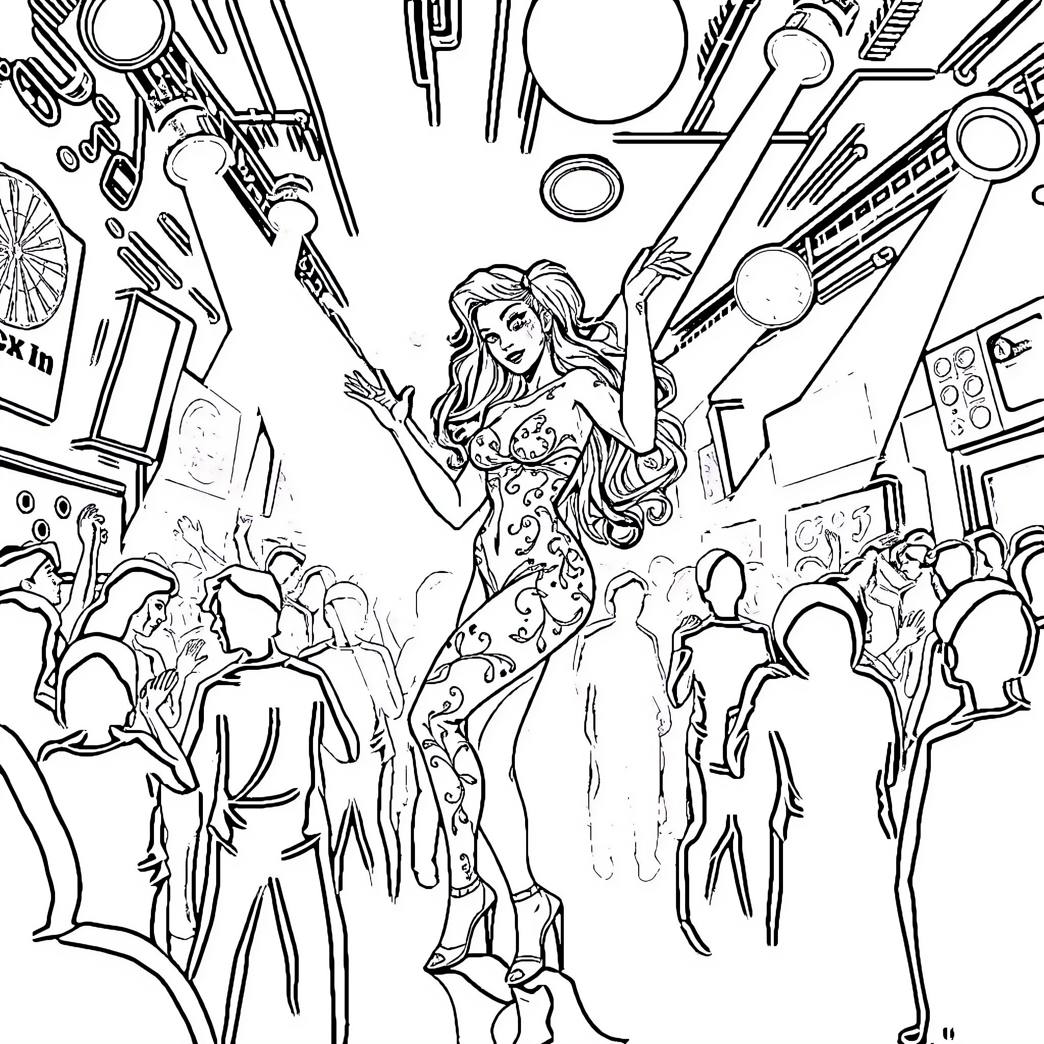 Poison Ivy: Femme Fatale in the City Coloring Page (free black-and-white line drawing printable PDF for all, from beginners to advanced learners, including children, teens, adults, and seniors)