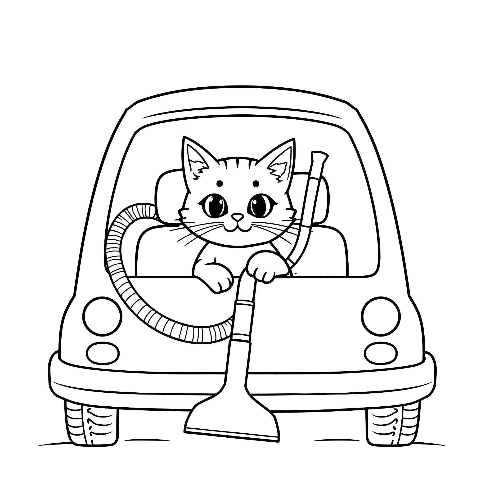 Cat driving a car happily Coloring Page (free black-and-white line drawing printable PDF for all, from beginners to advanced learners, including children, teens, adults, and seniors)