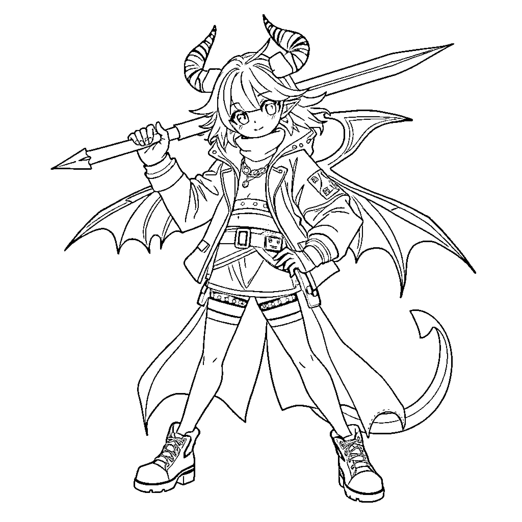 Demon Hunter wielding a mighty spear in battle Coloring Page (free black-and-white line drawing printable PDF for all, from beginners to advanced learners, including children, teens, adults, and seniors)