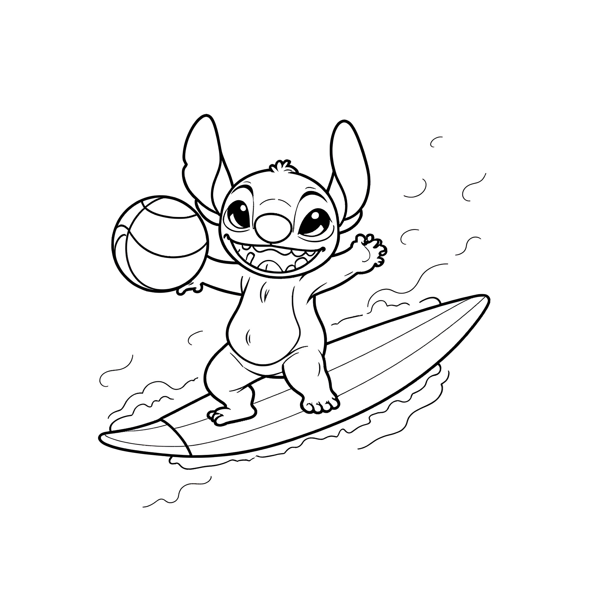 Stitch surfing and playing with beach ball Coloring Page (free black-and-white line drawing printable PDF for all, from beginners to advanced learners, including children, teens, adults, and seniors)