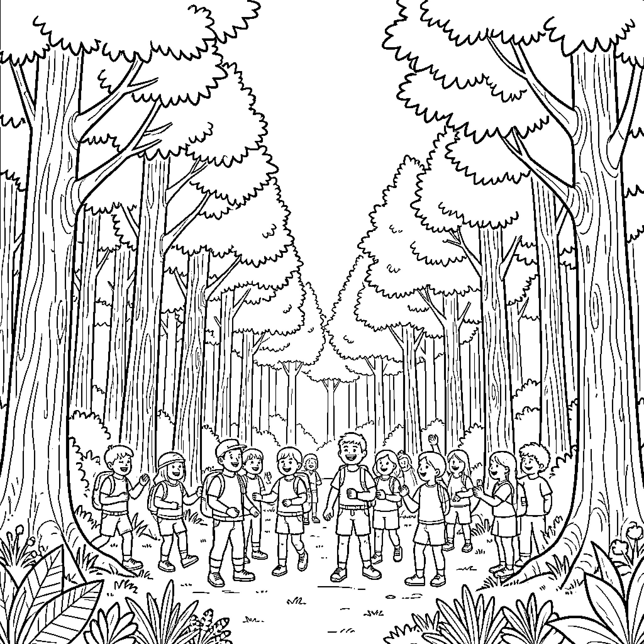 Scouting children exploring a dense forest together Coloring Page (free black-and-white line drawing printable PDF for all, from beginners to advanced learners, including children, teens, adults, and seniors)
