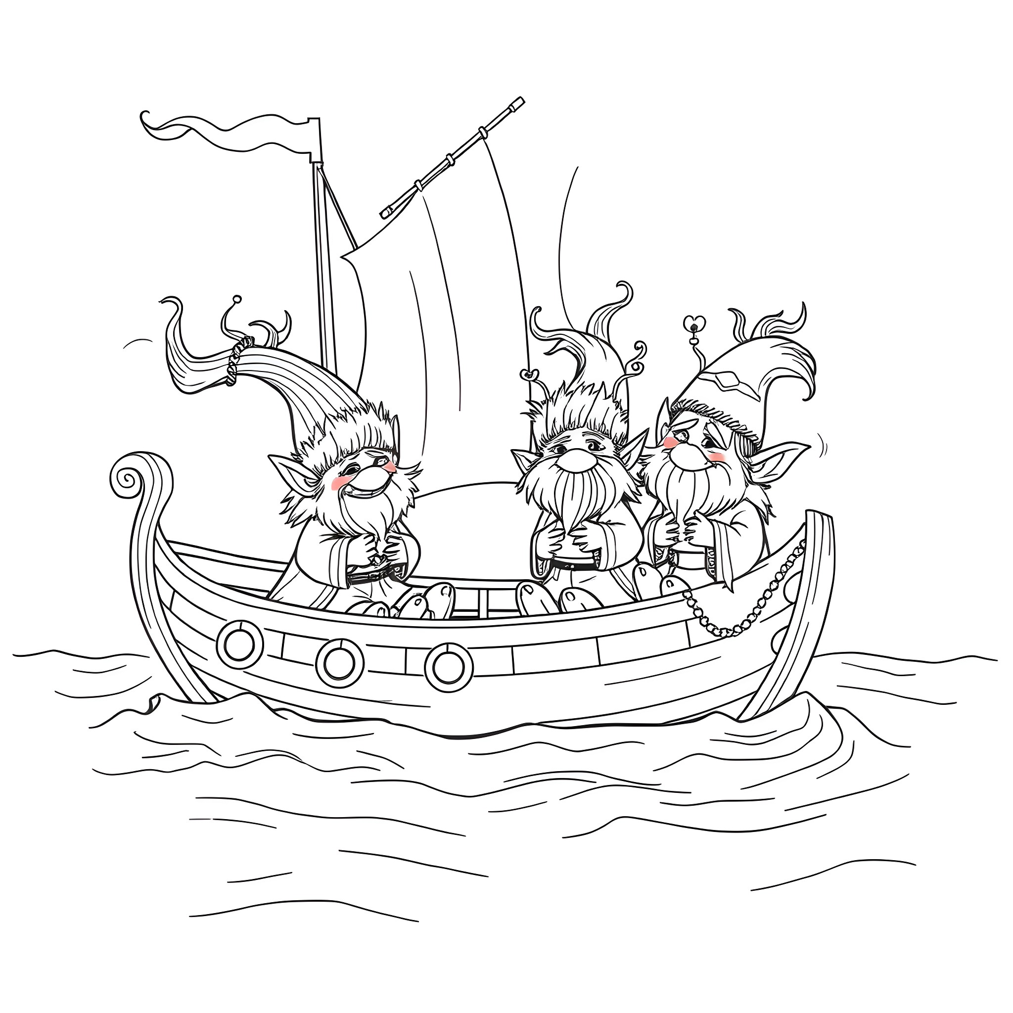 Troll trolls sailing in a ship Coloring Page (free black-and-white line drawing printable PDF for all, from beginners to advanced learners, including children, teens, adults, and seniors)