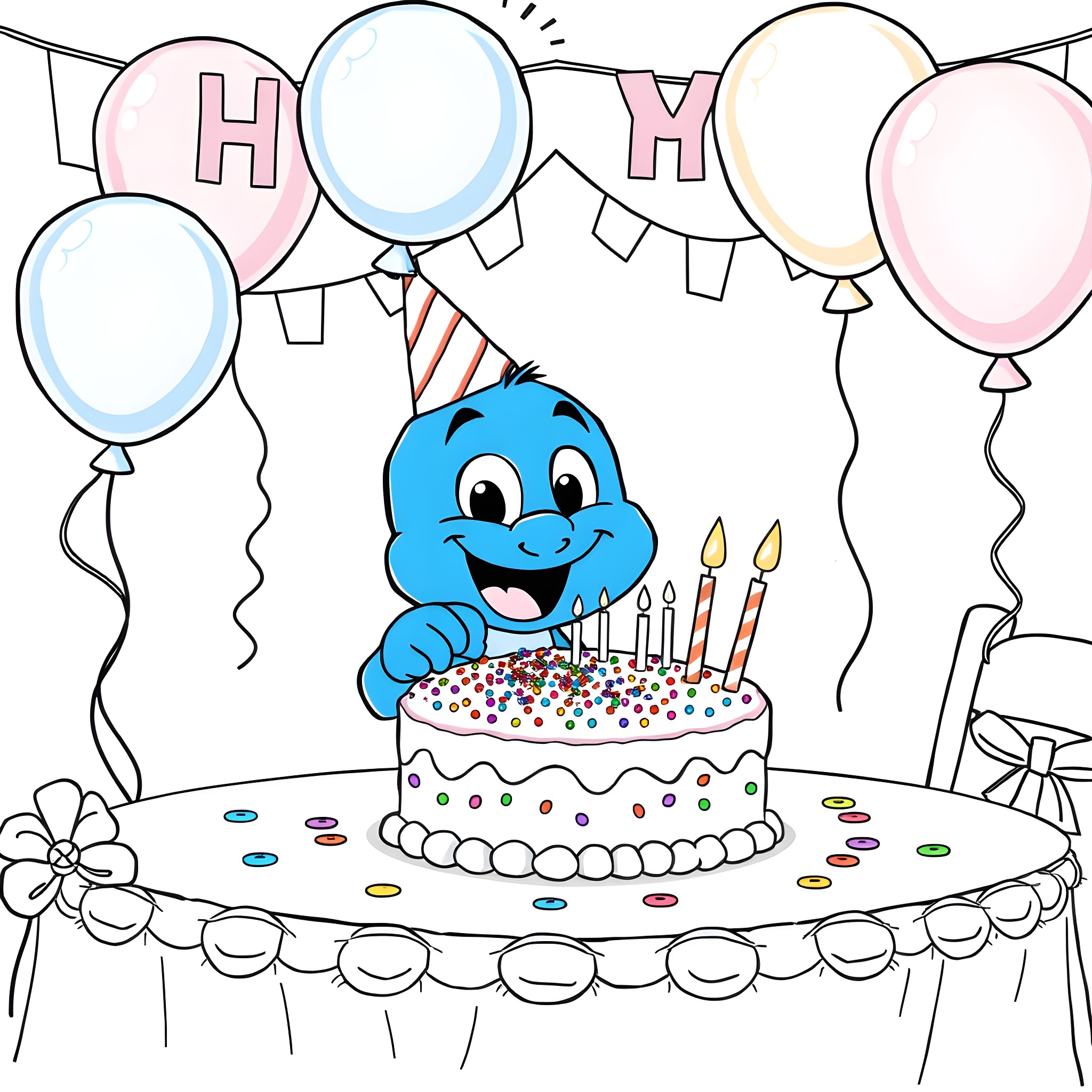 Bluey celebrates a birthday with colorful balloons Coloring Page (free black-and-white line drawing printable PDF for all, from beginners to advanced learners, including children, teens, adults, and seniors)