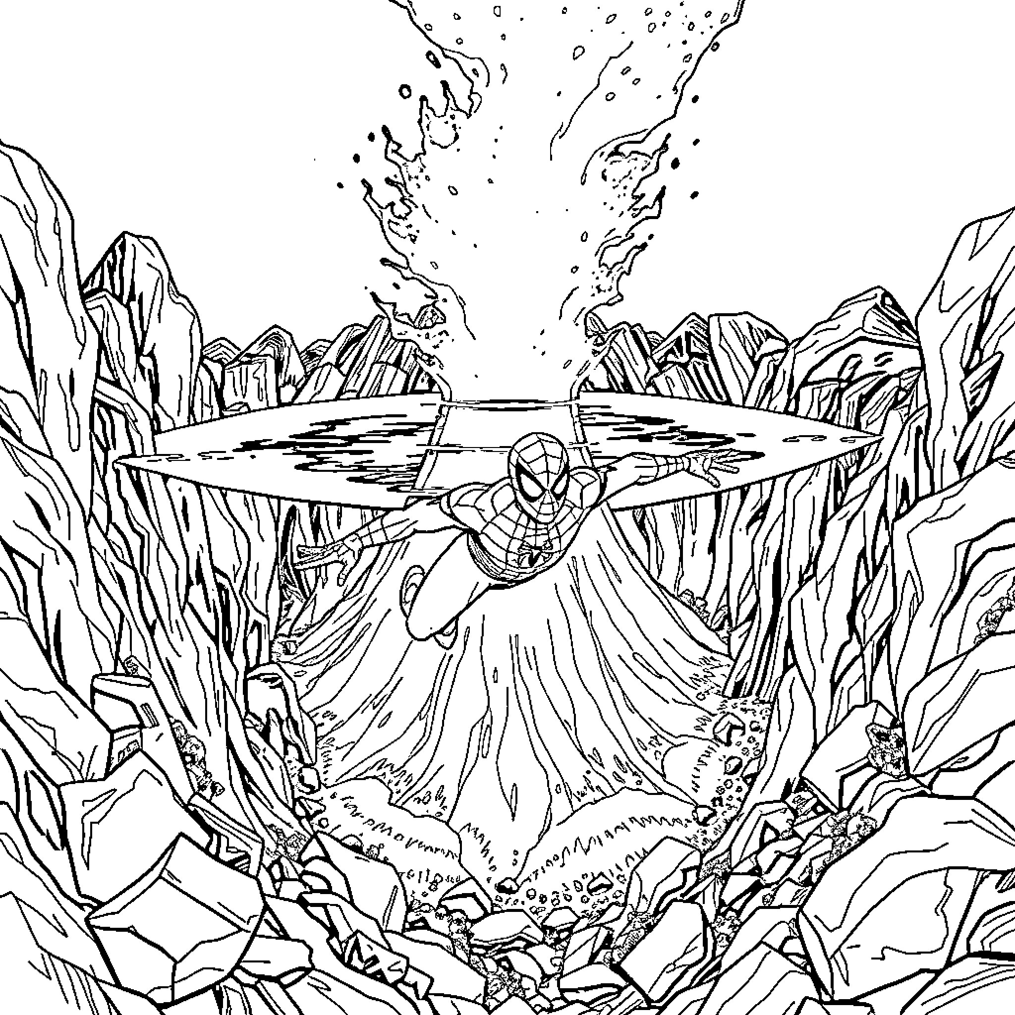 Spiderman swinging through a fantastical landscape Coloring Page (free black-and-white line drawing printable PDF for all, from beginners to advanced learners, including children, teens, adults, and seniors)