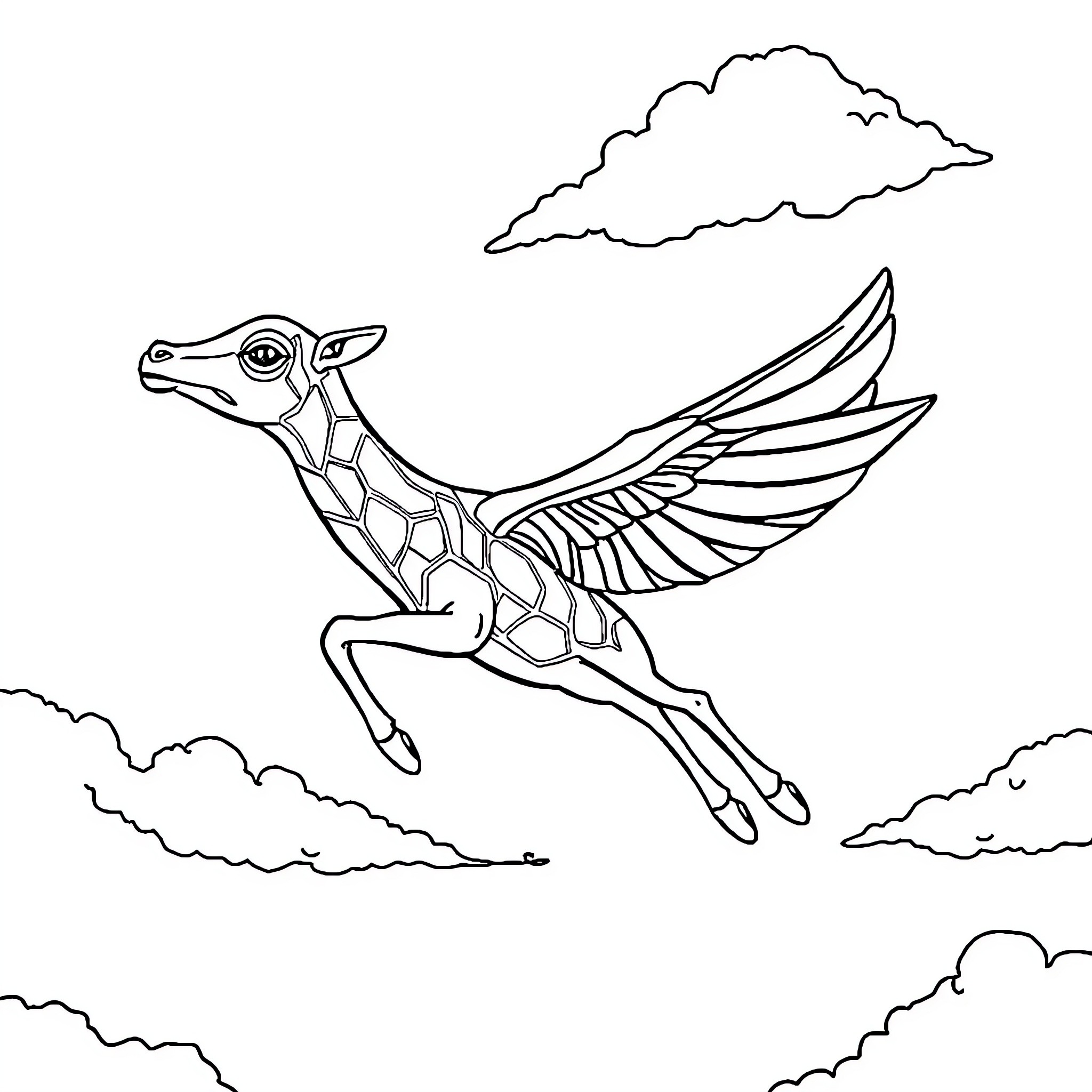 Kite soaring through the clouds Coloring Page (free black-and-white line drawing printable PDF for all, from beginners to advanced learners, including children, teens, adults, and seniors)